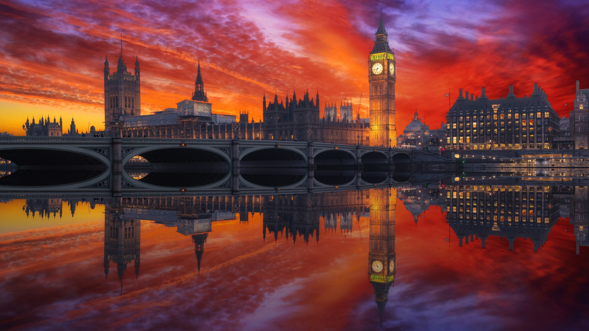 Wallpaper, architecture, building, city, cityscape, UK, London, England, Westminster, Big Ben, River Thames, reflection, sunset, river, clouds, bridge, tower 1920x1080
