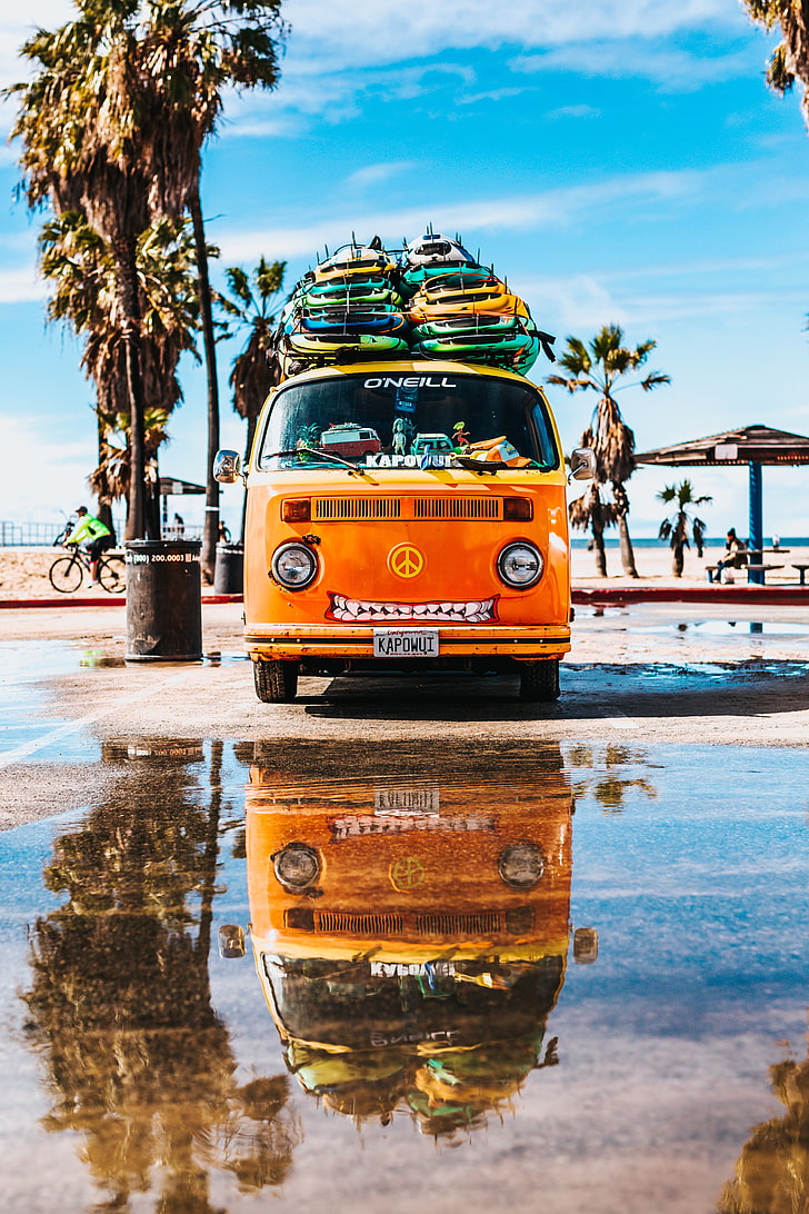 Orange Volkswagen Combi, Bus, Surfing, Summer, Car