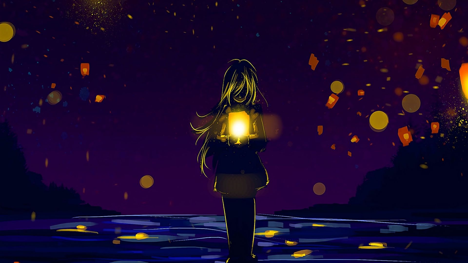 Desktop wallpaper anime girl, lanterns, silhouette, lonely, night out, HD image, picture, background, 0b24a8
