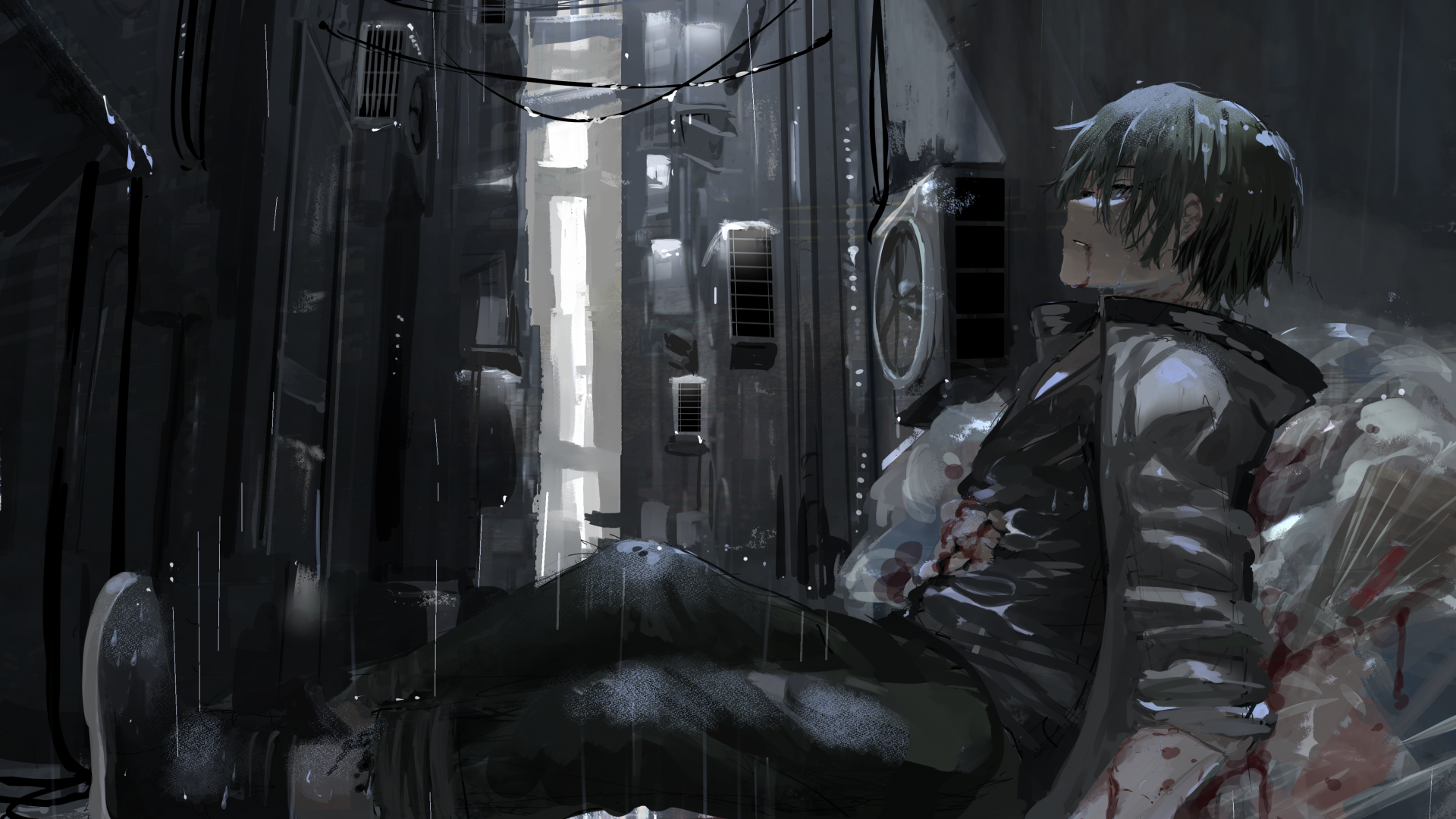 Download 1920x1080 Anime Boy, Darkness, Lonely, Raining, Sadness, After Fight Wallpaper For Widescreen