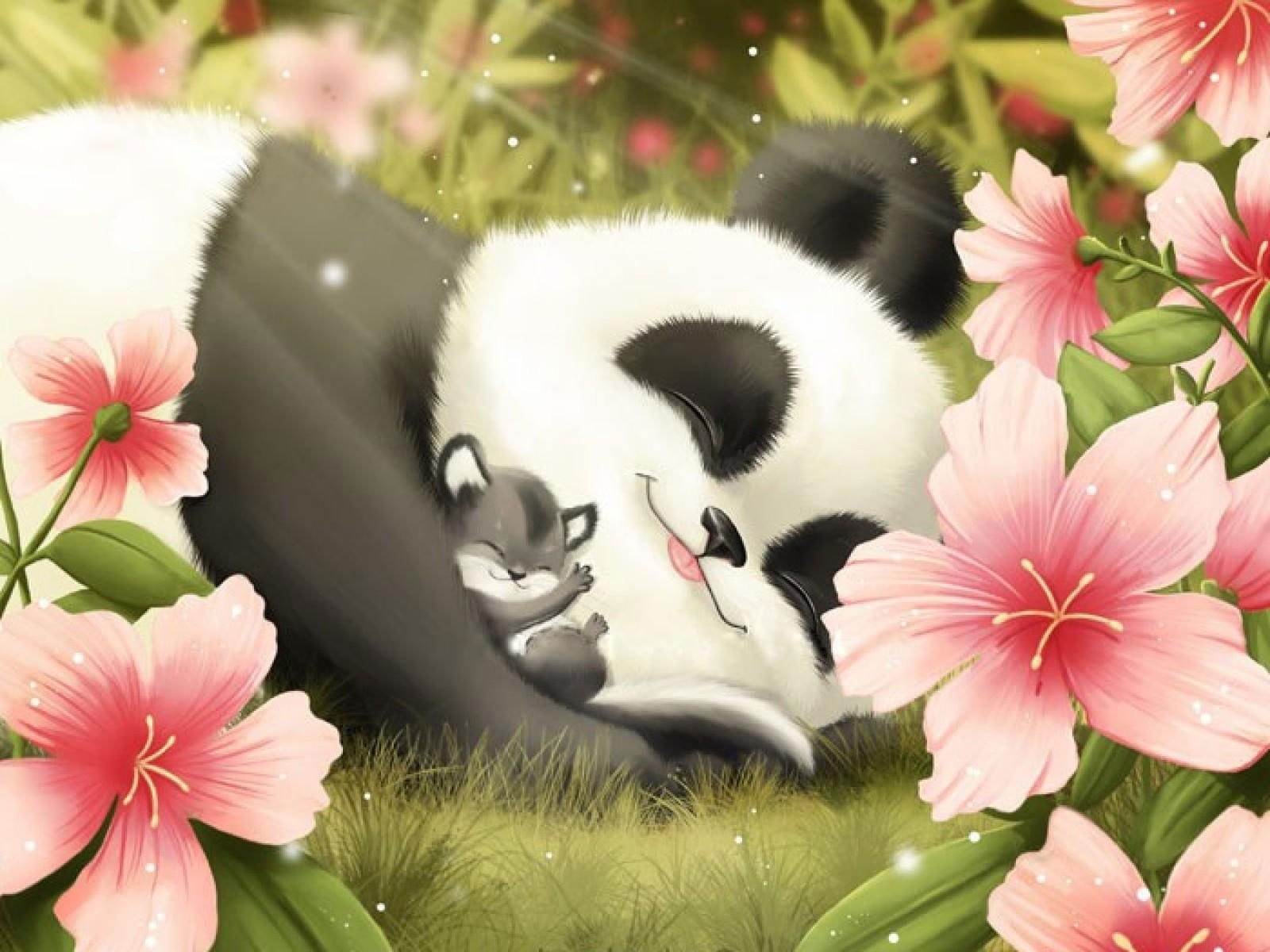 Wallpaper Cute Panda And Cub, Smiling, Sleeping, Flowers • Wallpaper For You