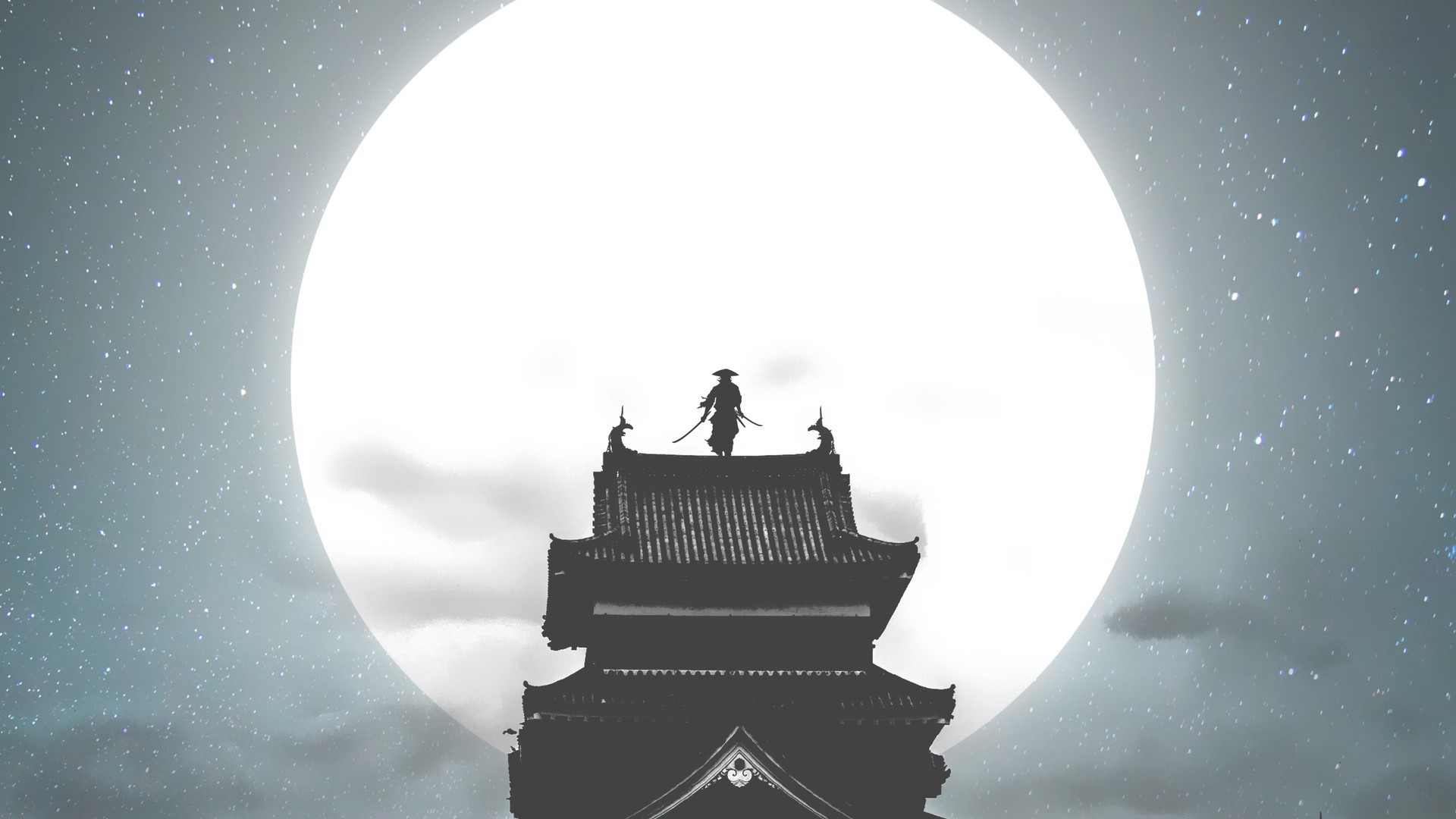 artwork, moon rays, concept art, fantasy art, samurai, sky, anime. Mocah HD Wallpaper