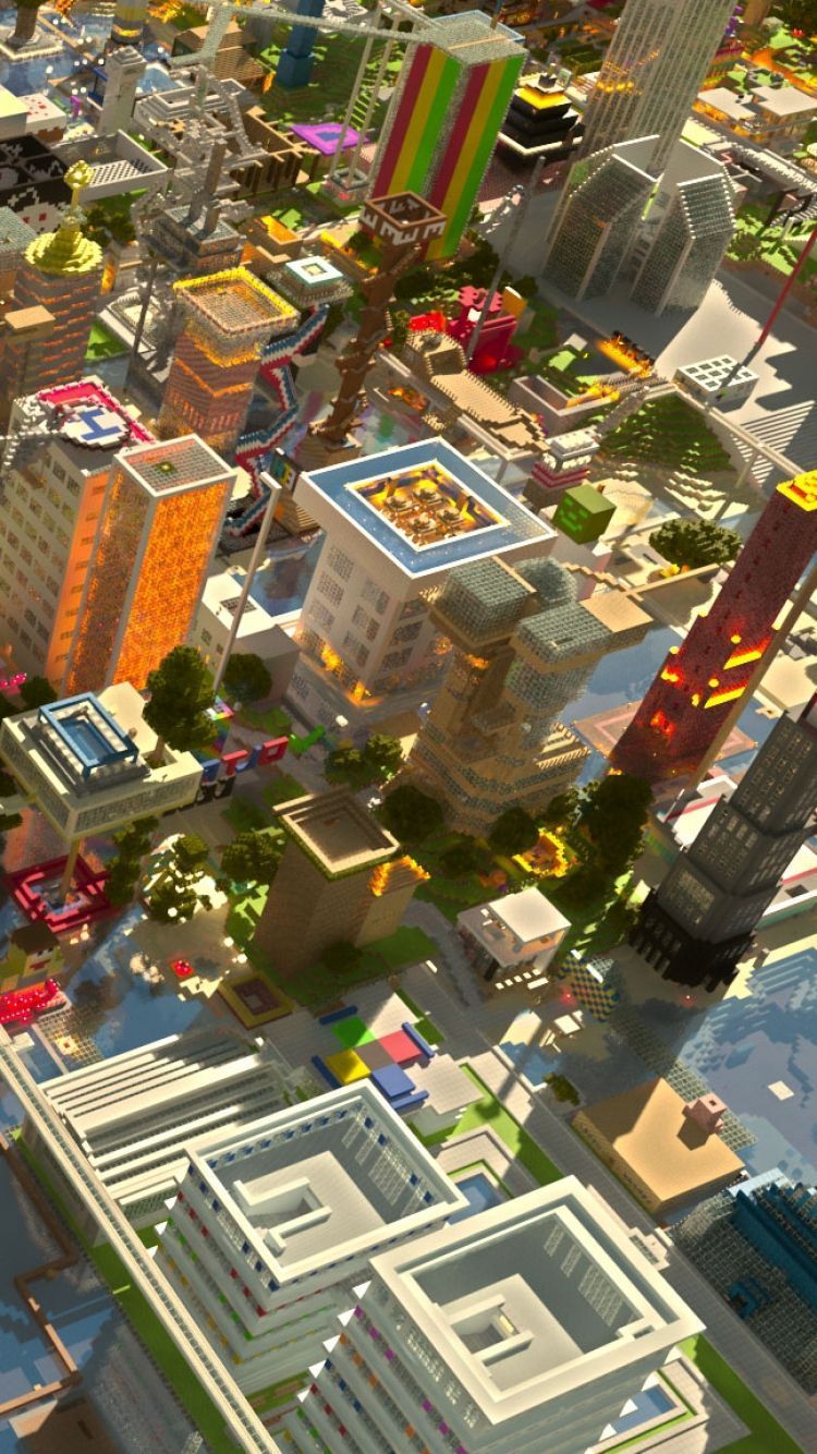 Download Wallpaper 750x1334 Minecraft, City, Houses, Sunlight