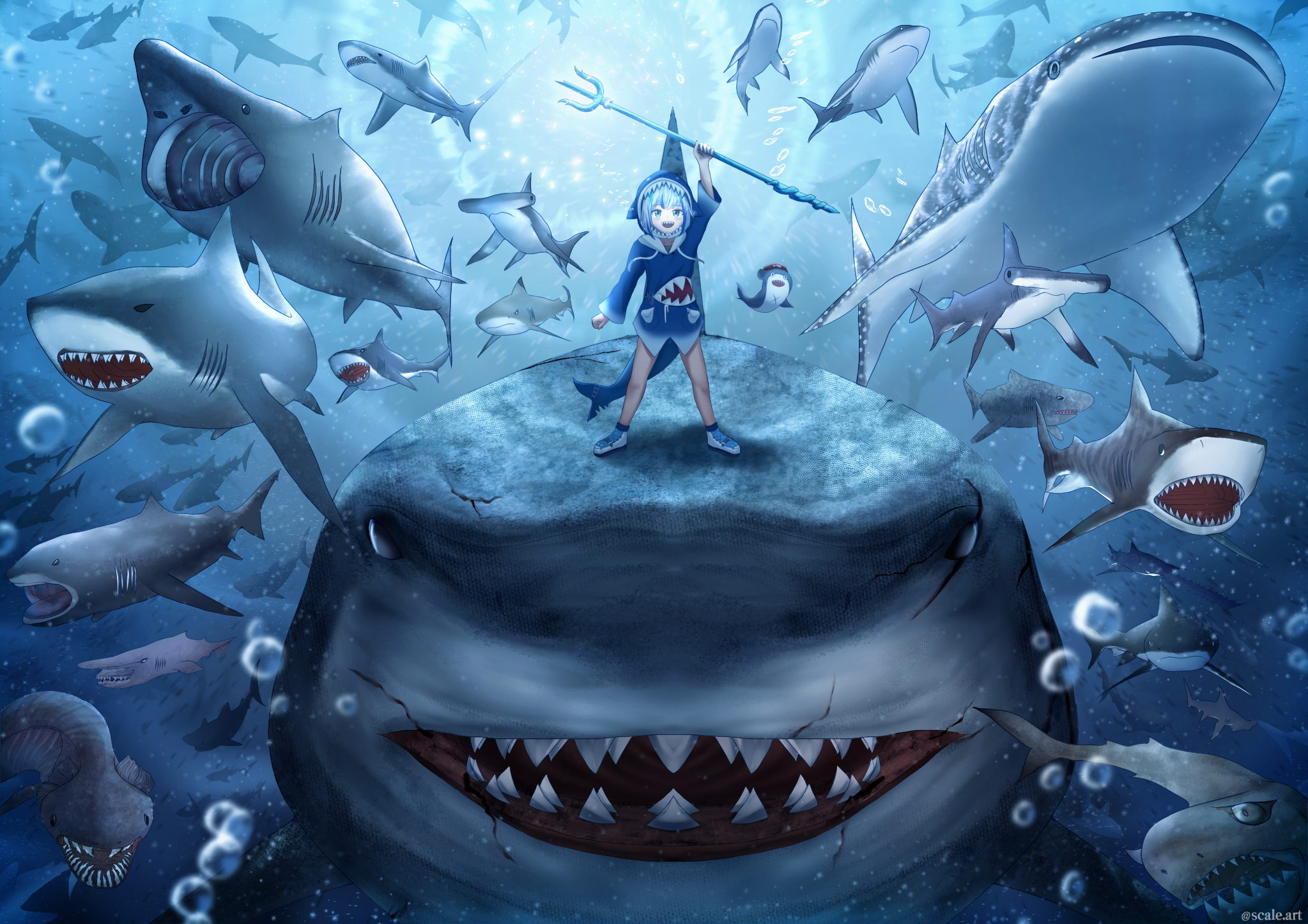 anime, Gawr Gura, shark teeth, Hololive, pointy teeth, shark, anime girls, Virtual Youtuber. Mocah HD Wallpaper