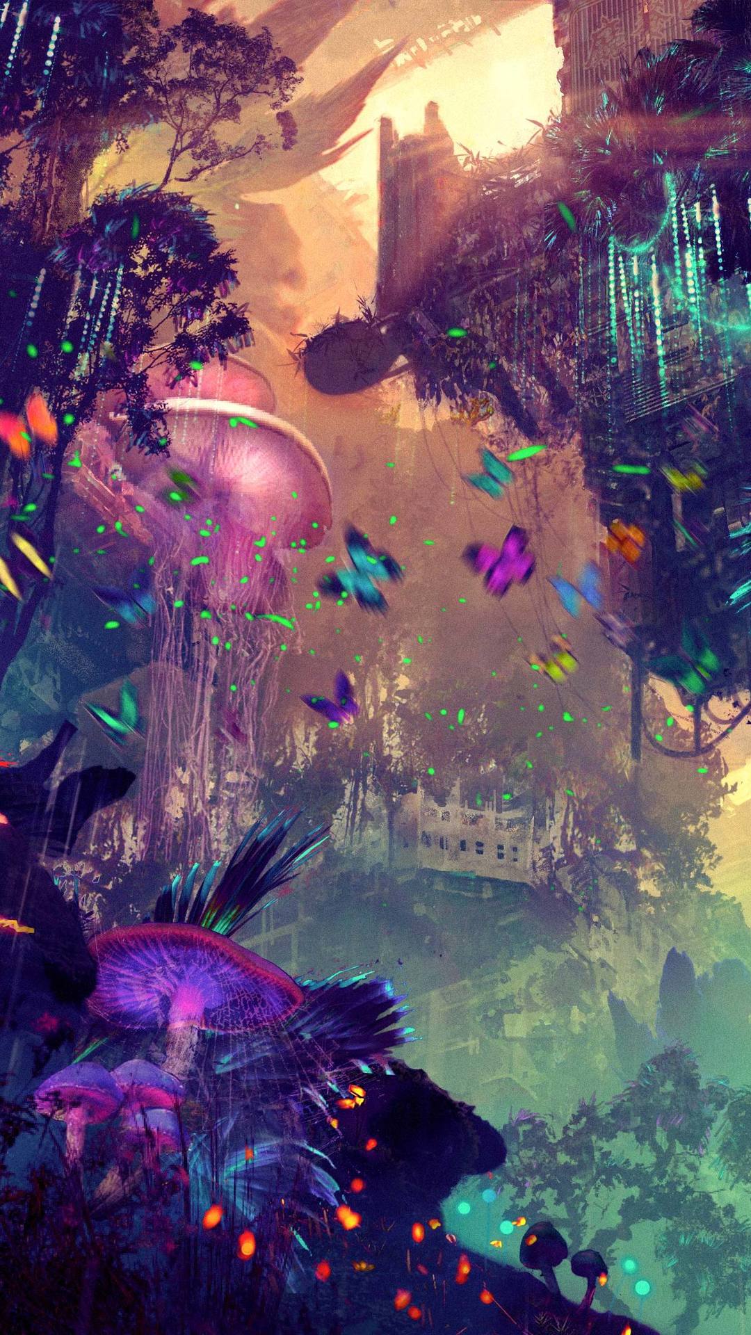 1080x1920 forest, artist, artwork, digital art, hd, glowing, , mushroom for iPhone 8 wallpaper