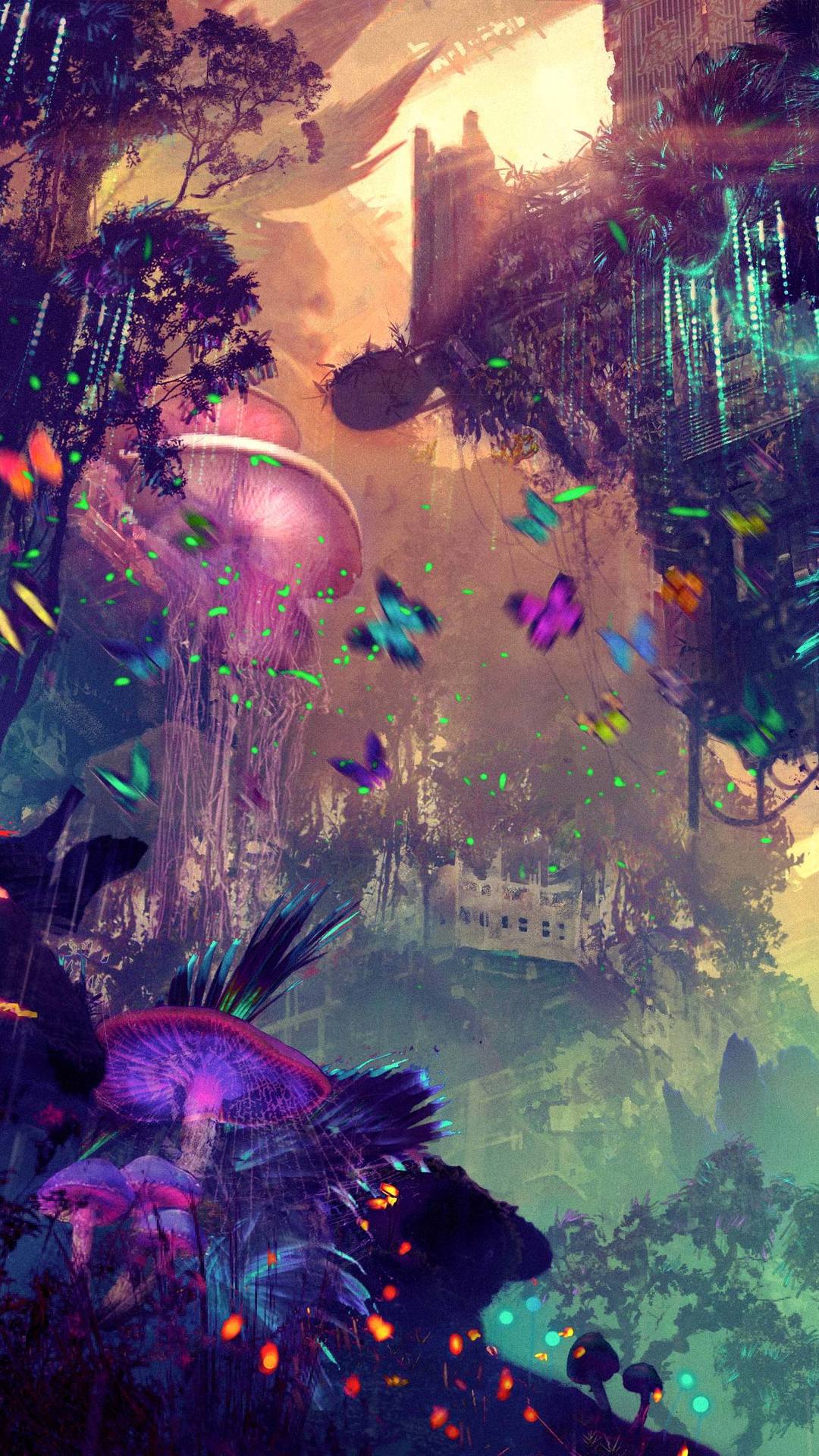 1080x1920 forest, artist, artwork, digital art, hd, glowing, , mushroom for iPhone 6, 7, 8 wallpaper