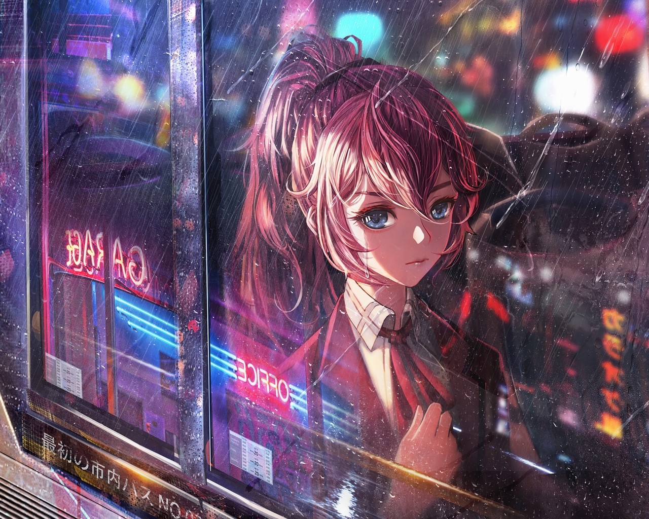 Anime Girl Bus Window Neon City 4k 1280x1024 Resolution HD 4k Wallpaper, Image, Background, Photo and Picture