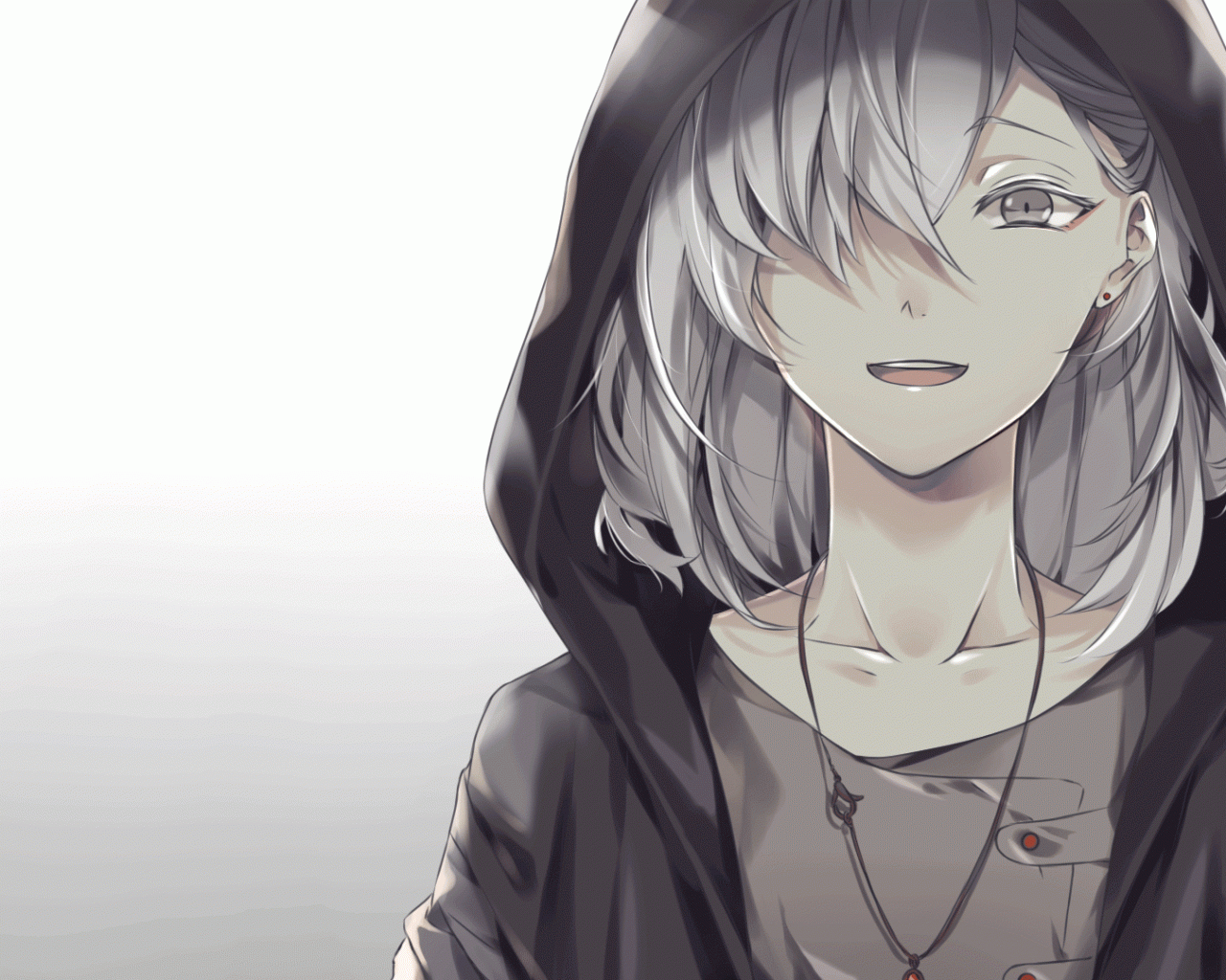 Download 1280x1024 Anime Boy, White Hair, Hoodie, Smiling, Necklace, Gray Eyes Wallpaper