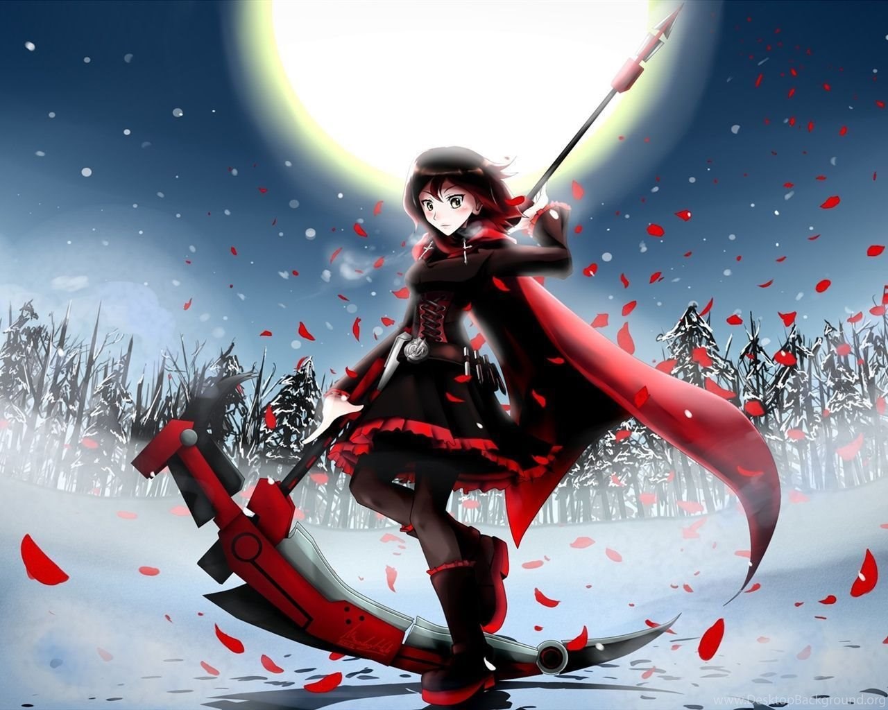 Anime Girl At Winter Night, Moon, Fields Wallpaper Desktop Background