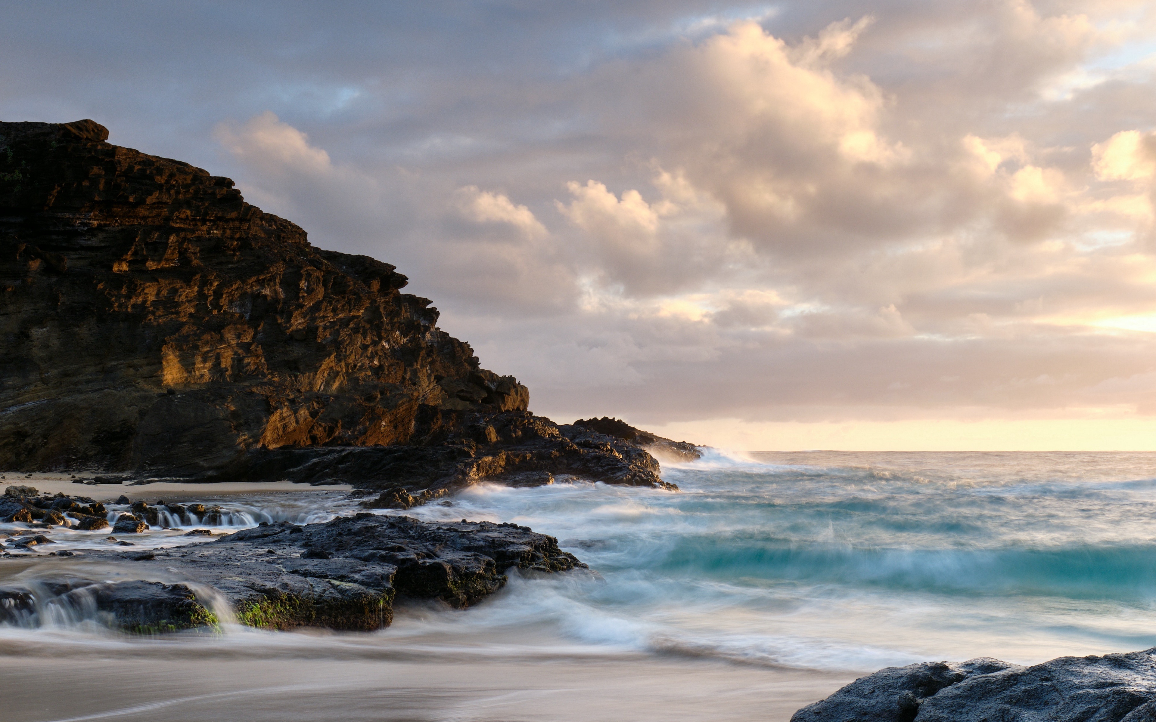 Download wallpaper coast, cliffs, seascape, waves, ocean, sunrise, clouds for desktop with resolution 3840x2400. High Quality HD picture wallpaper