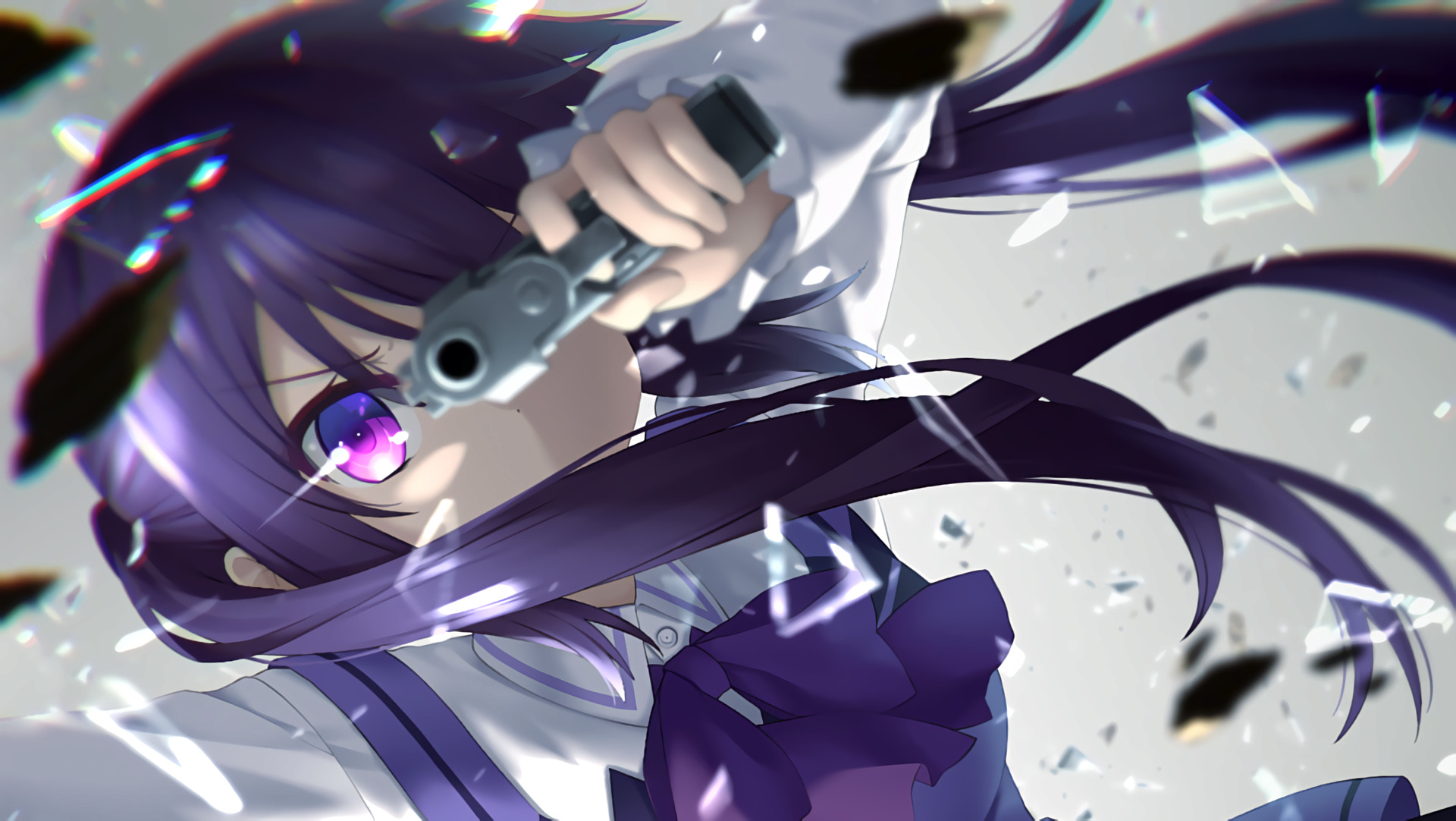 anime anime girls gochuumon wa usagi desu ka purple eyes purple hair twintails pistol gun weapon tedeza rize wallpaper. Mocah HD Wallpaper