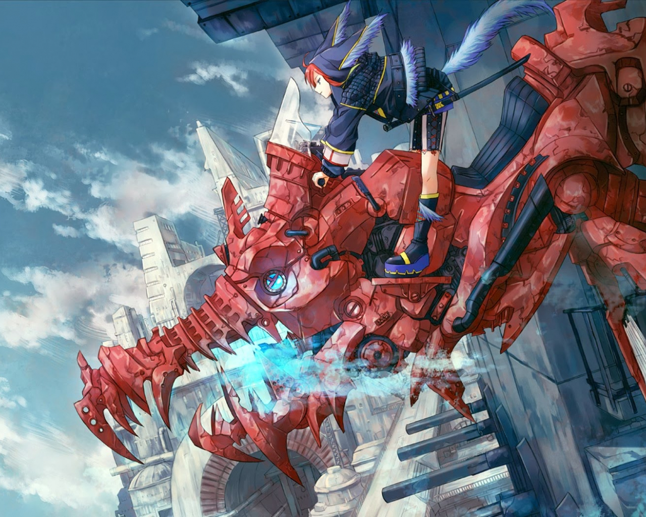 Red dragon robotic figure painting HD wallpaper