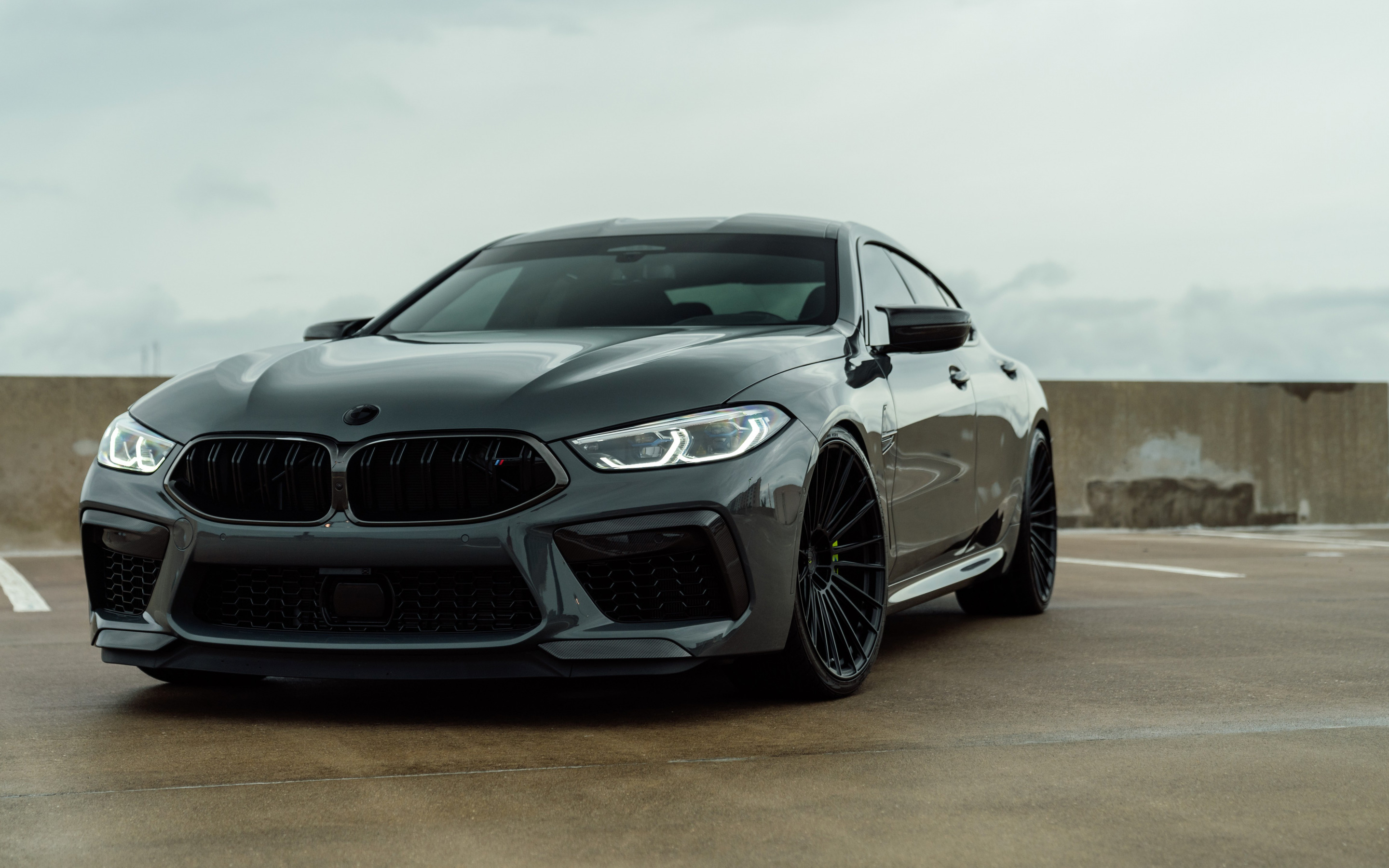 Download wallpaper BMW M Gran Coupe Competition, exterior, front view, black sports coupe, new black M german sports cars, M8 Gran Coupe, BMW for desktop with resolution 2880x1800. High Quality HD