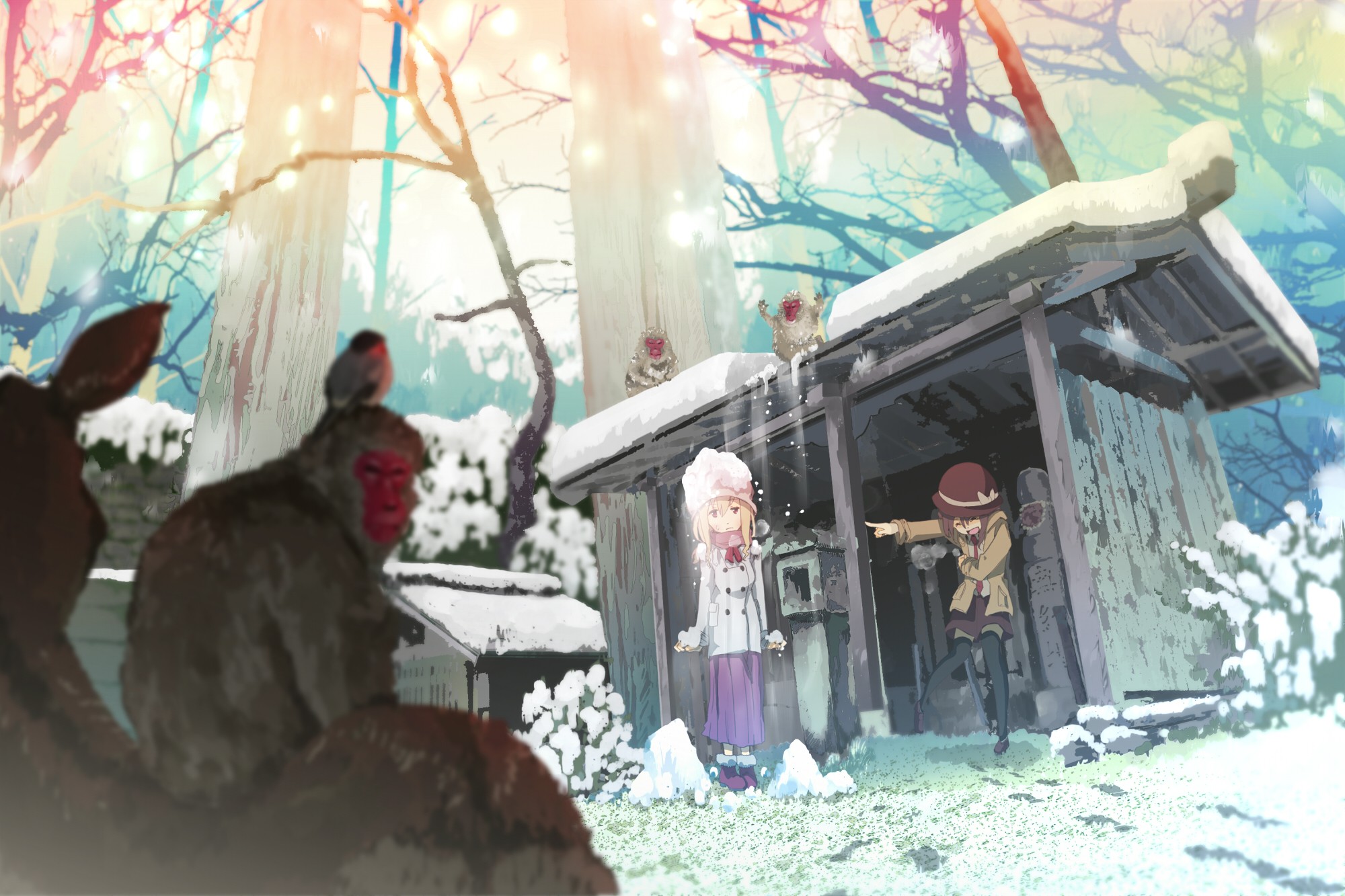 Wallpaper, anime girls, nature, winter, christmas decoration, nativity scene 2000x1333