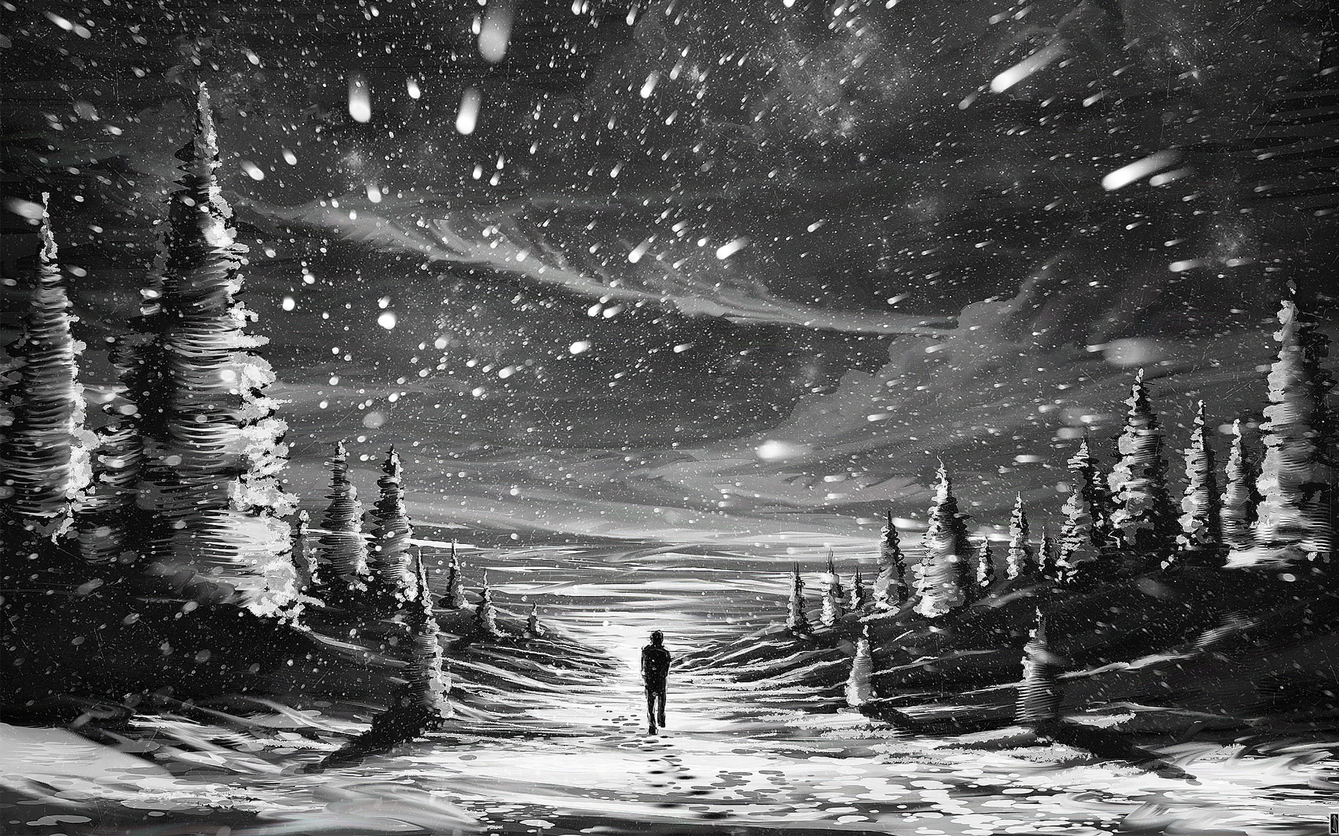 Anime paintings artistic mood snowflakes snow nature storm people alone emotions trees snow winter wallpaperx1200