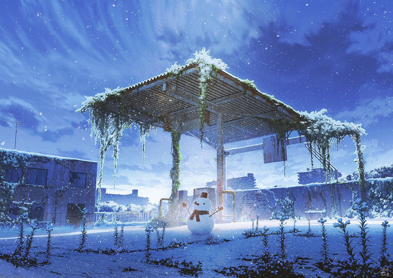 Wallpaper, anime, winter, mocha, snowmen, snow 1310x926