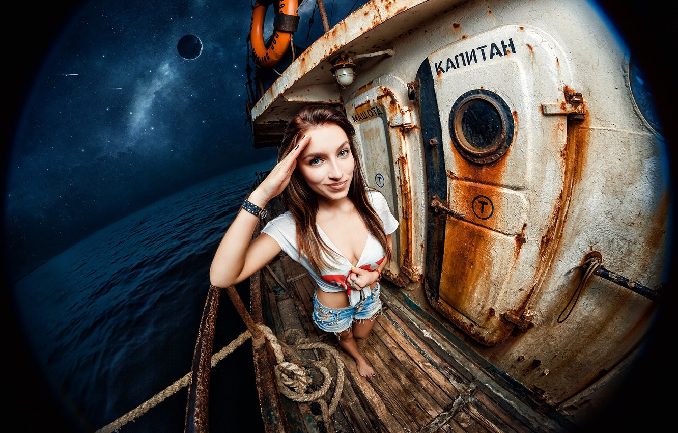 Wallpaper girl, ship, neckline, captain, deck, engine room image for desktop, section девушки