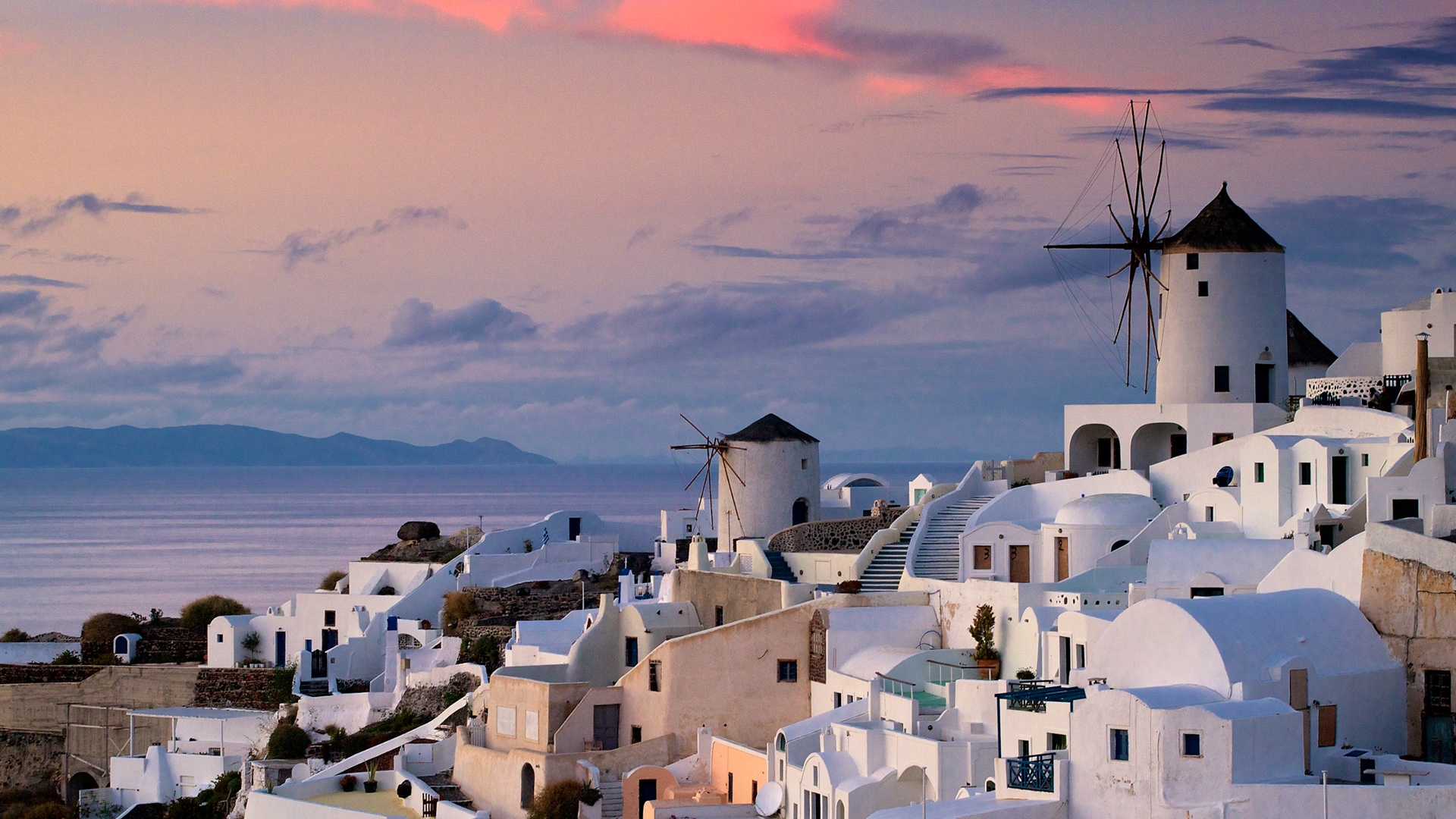 Wallpaper, oia, Greece, city, houses, sunset, ocean, water, sky, clouds 1920x1080