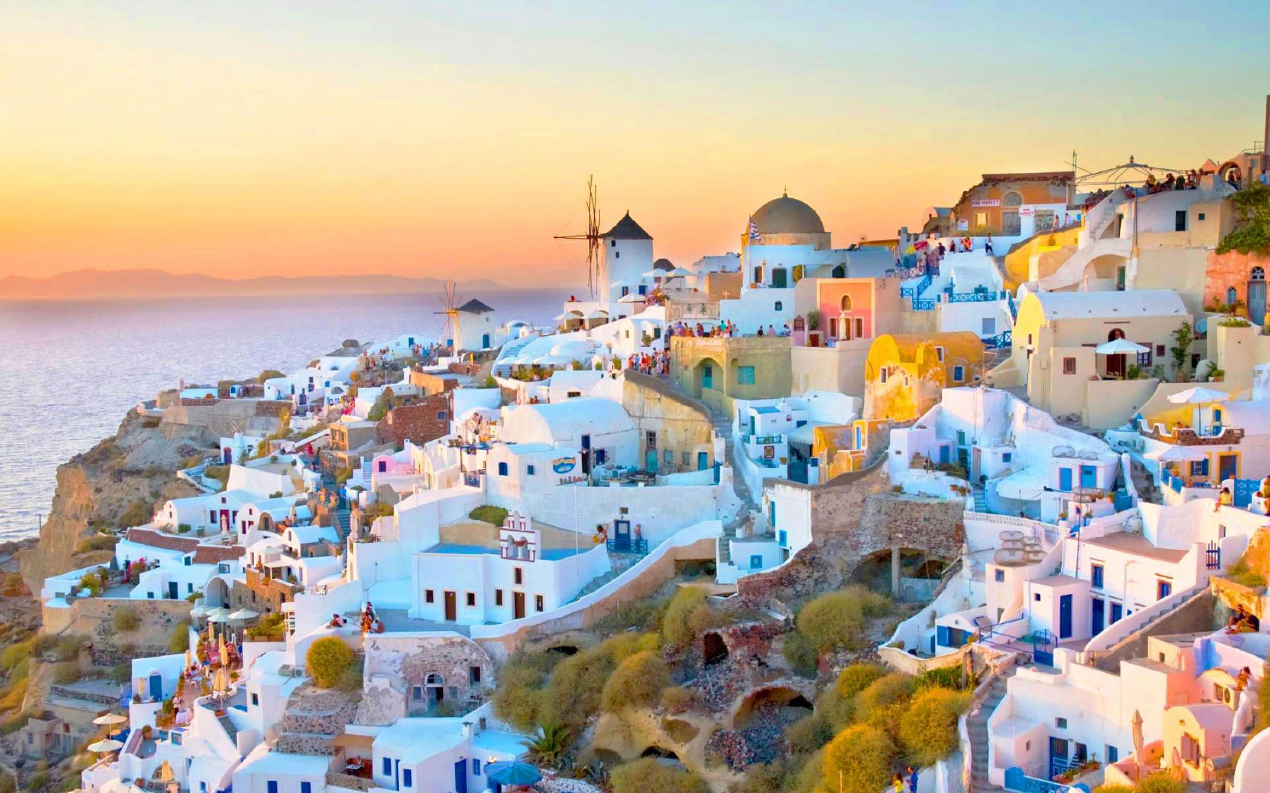 Wallpaper Oia Village On Santorini Island In Greece Sunset • Wallpaper For You HD Wallpaper For Desktop & Mobile