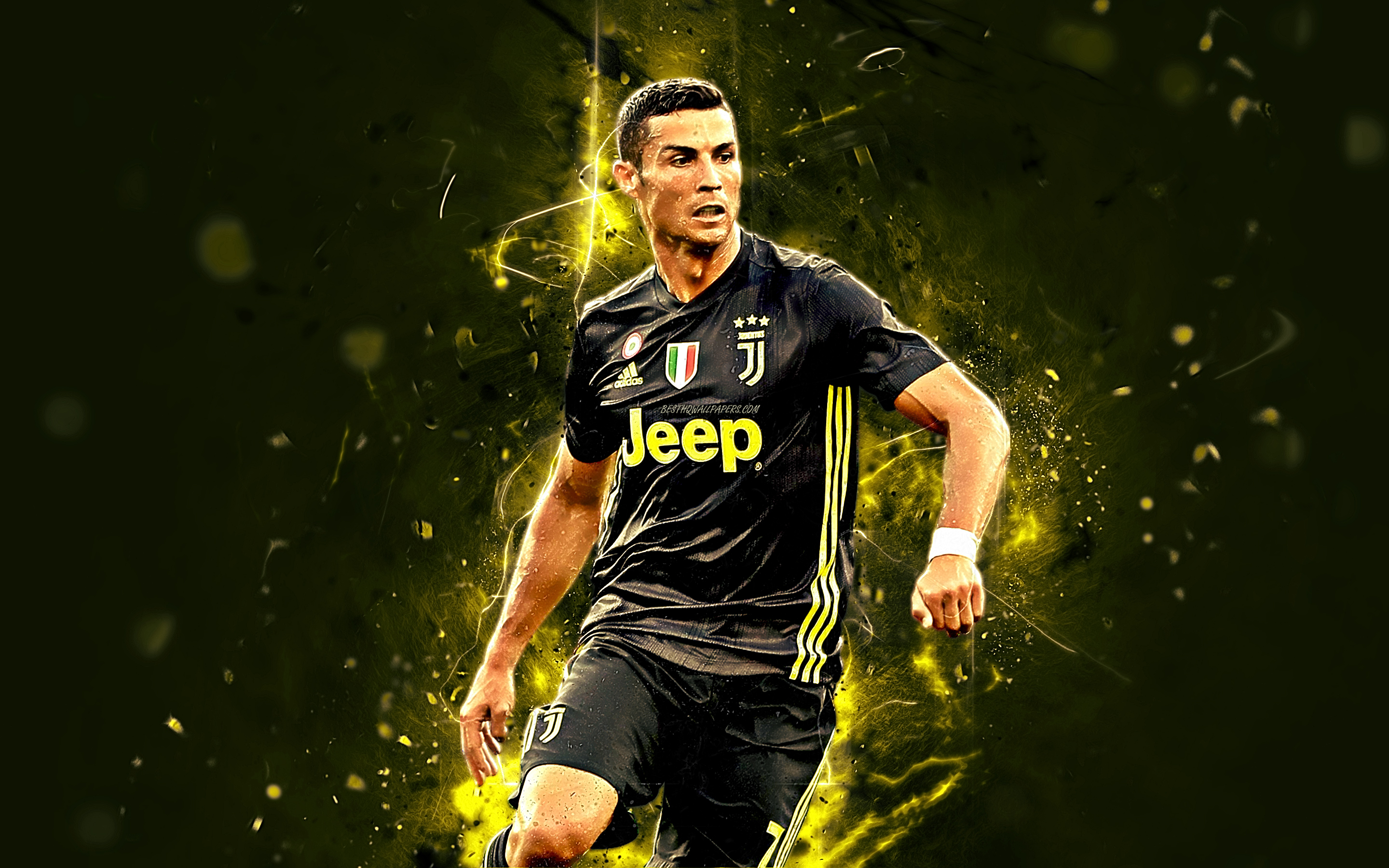 Download wallpaper CR Ronaldo, black uniform, Juventus FC, Bianconeri, portuguese footballers, abstract art, soccer, Serie A, Cristiano Ronaldo, neon lights, CR7 Juve for desktop with resolution 2880x1800. High Quality HD picture wallpaper
