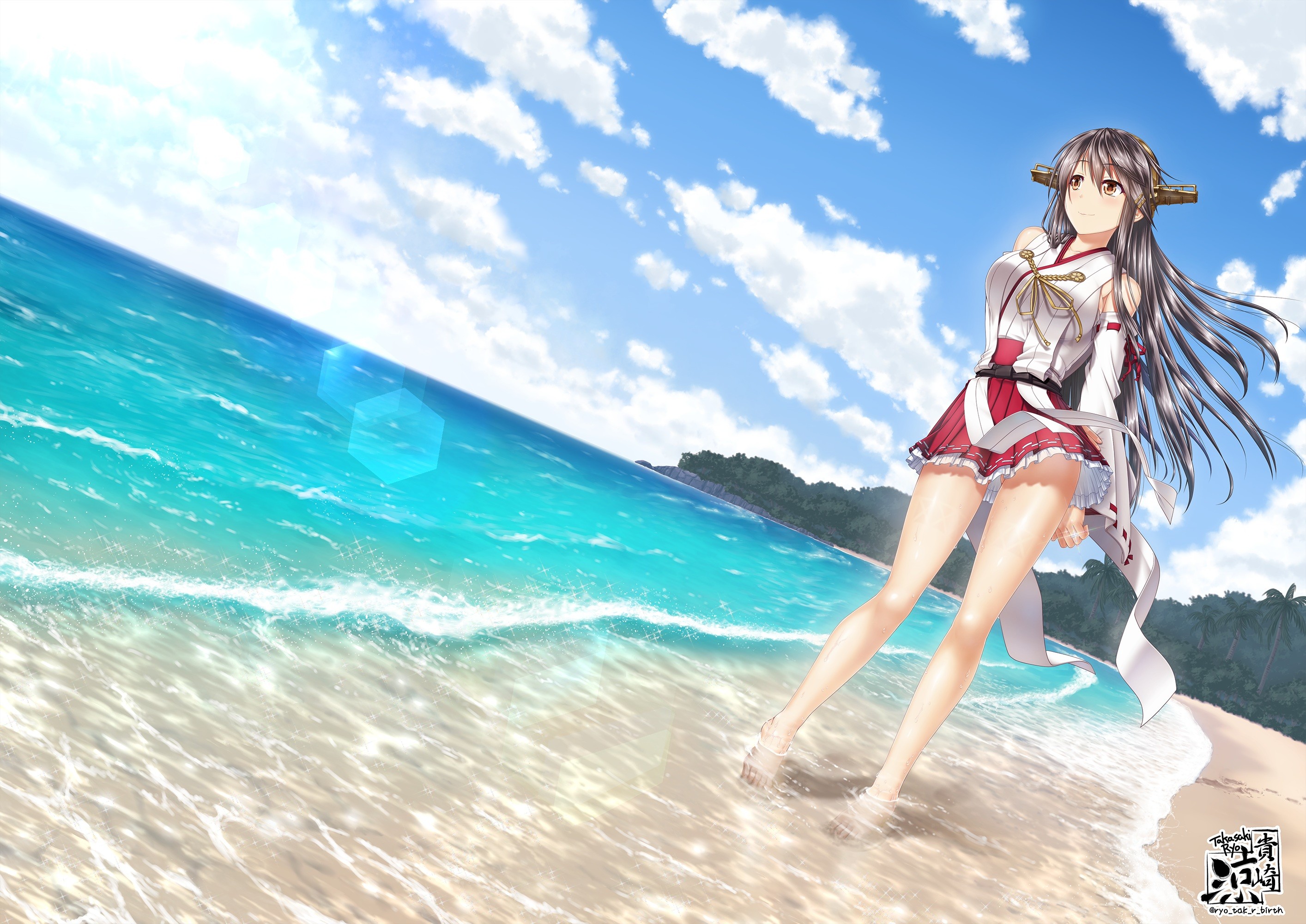 Wallpaper, landscape, sea, anime girls, beach, Kantai Collection, wet, Haruna KanColle, vacation, surfing equipment and supplies 2828x2000