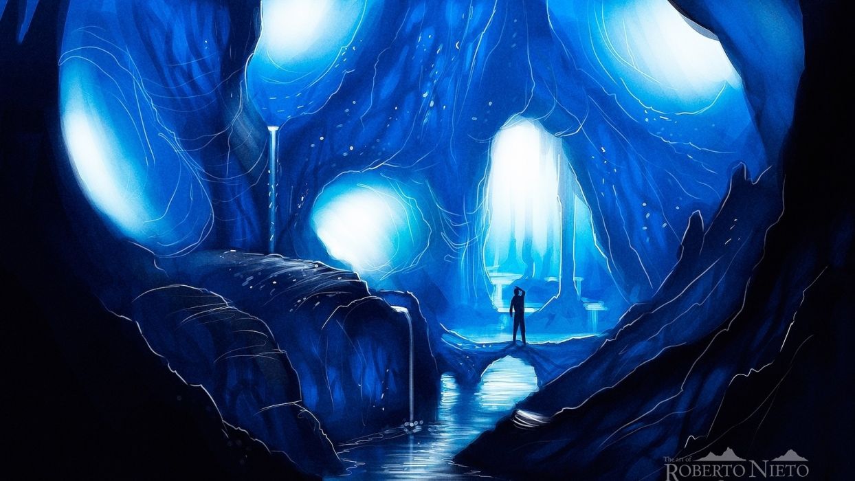 Ice landscapes caves silhouettes fantasy art artwork rivers cavern mystical Abstract wallpaperx900