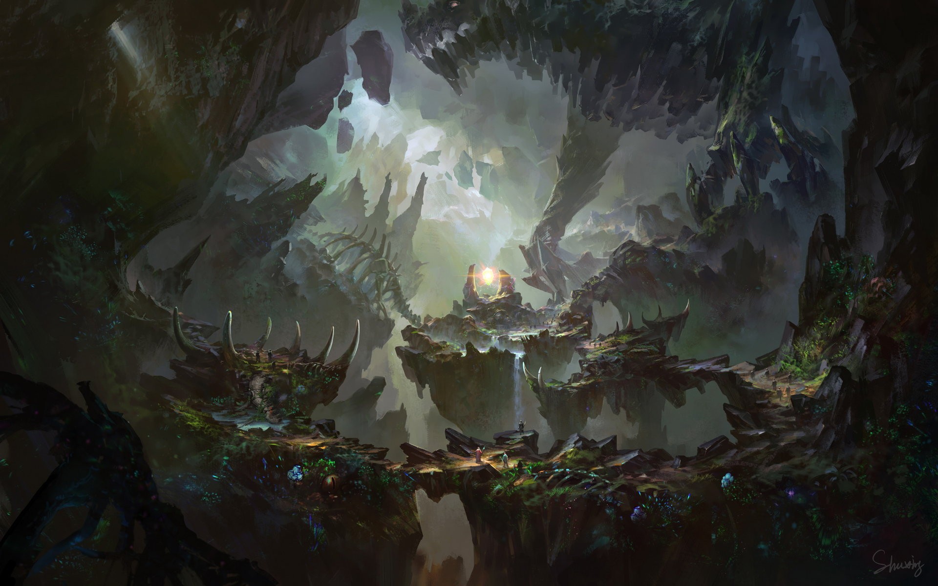 Wallpaper, fantasy art, creature, cave, jungle, giant, Formation, screenshot, landform 1920x1200