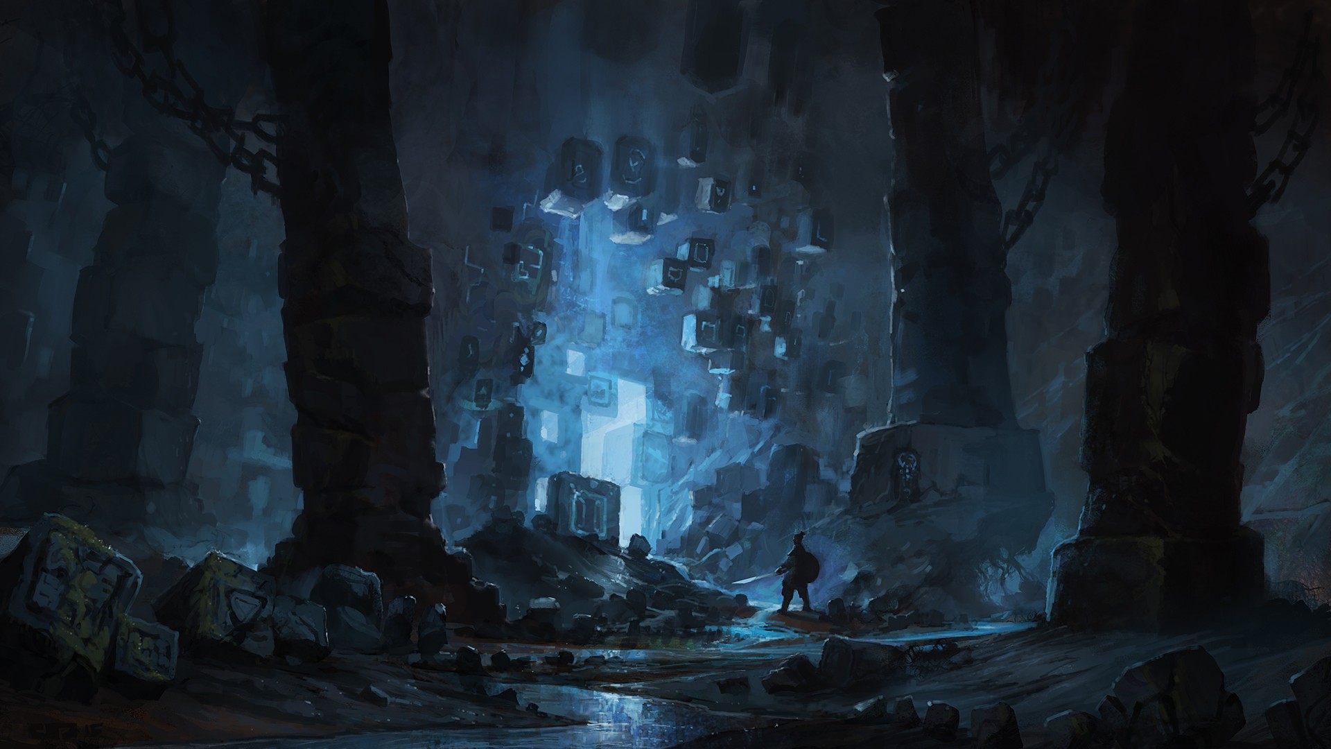 Wallpaper, fantasy art, blue, science fiction, Formation, ghost ship, darkness, screenshot, computer wallpaper, ice cave 1920x1080