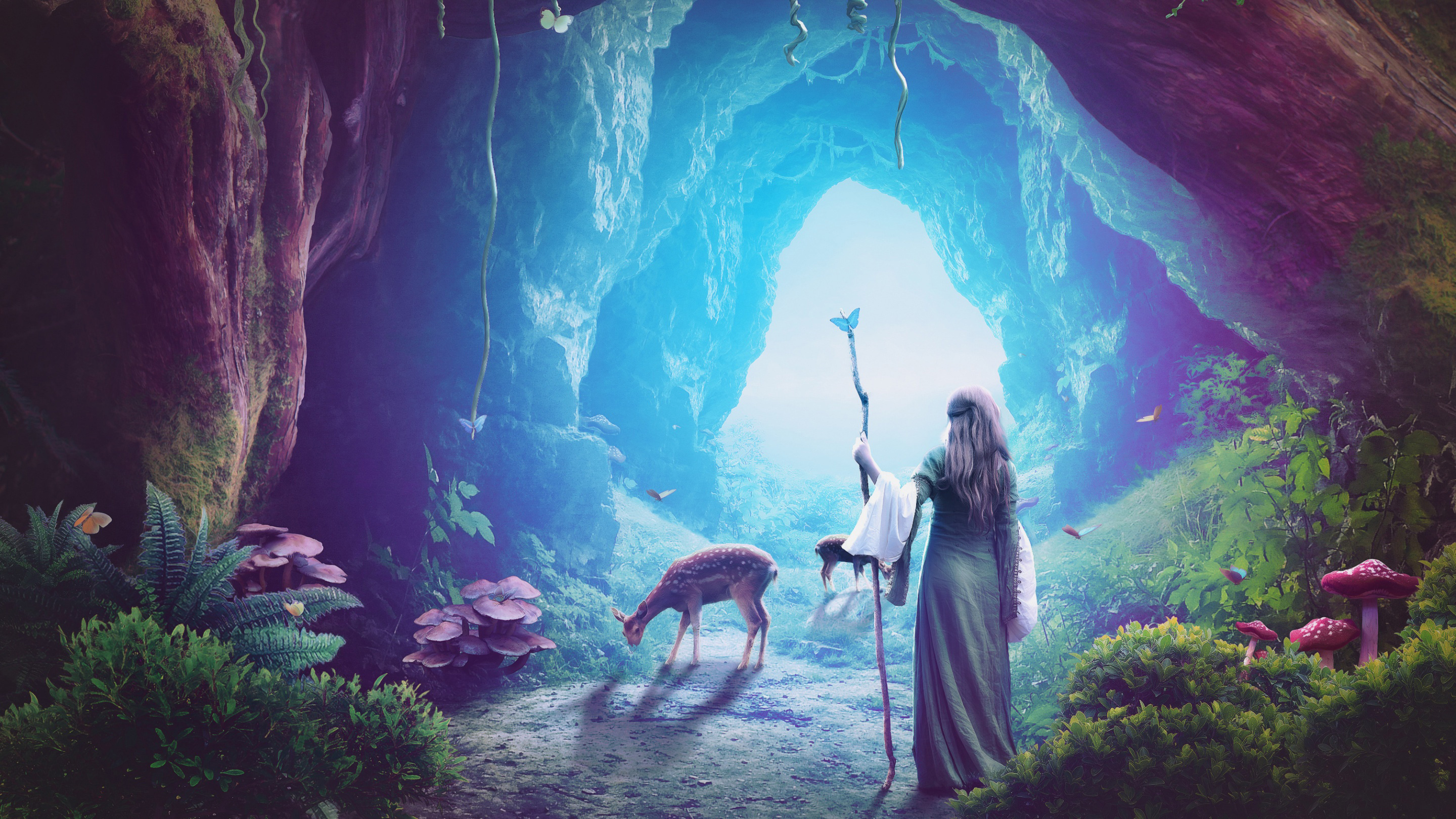 Heaven Cave Girl Deer Fantasy Art 2560x1600 Resolution HD 4k Wallpaper, Image, Background, Photo and Picture