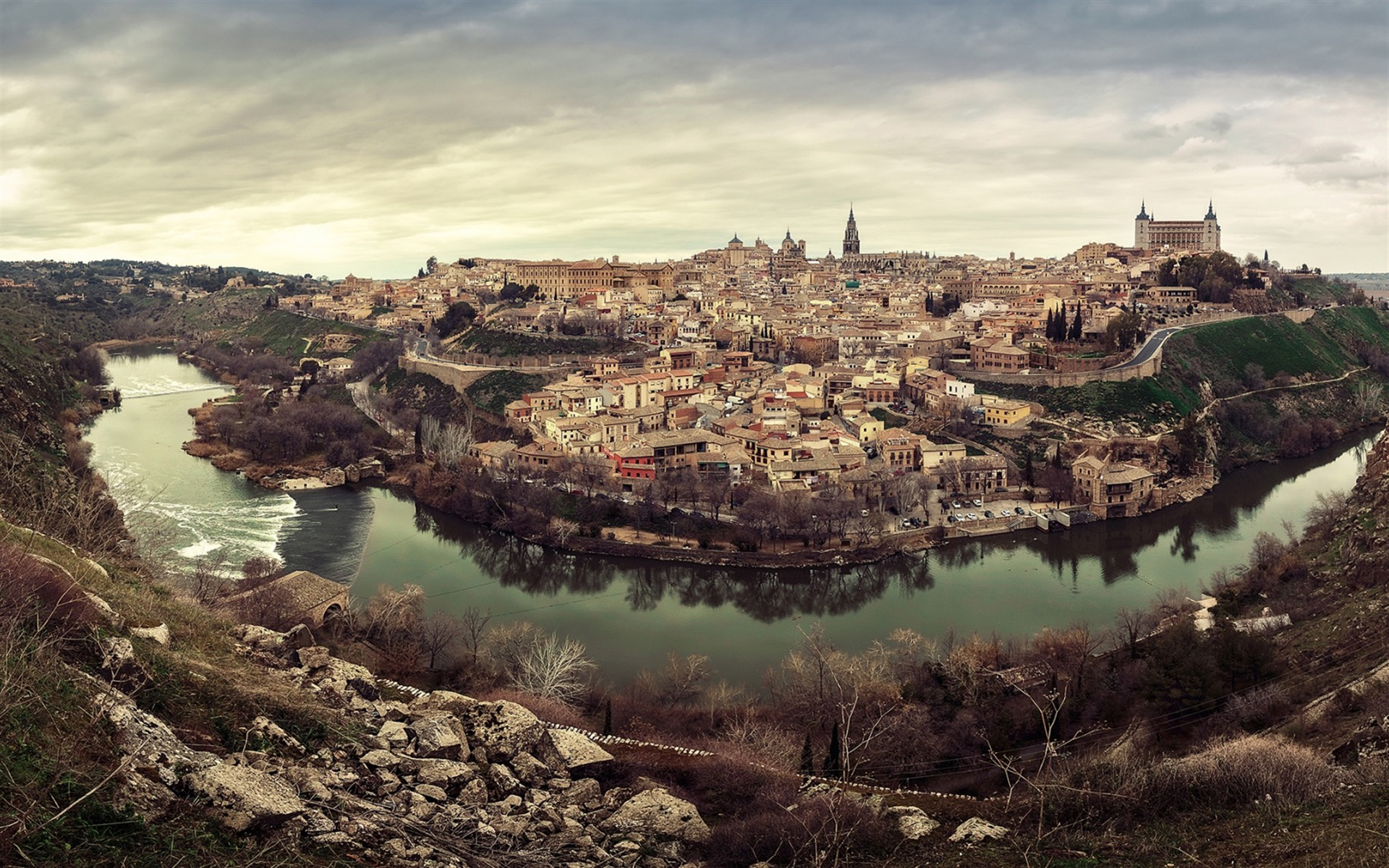 Download wallpaper Toledo, beautiful Spanish city, autumn, river, evening, autumn landscape, Spain for desktop with resolution 1920x1200. High Quality HD picture wallpaper
