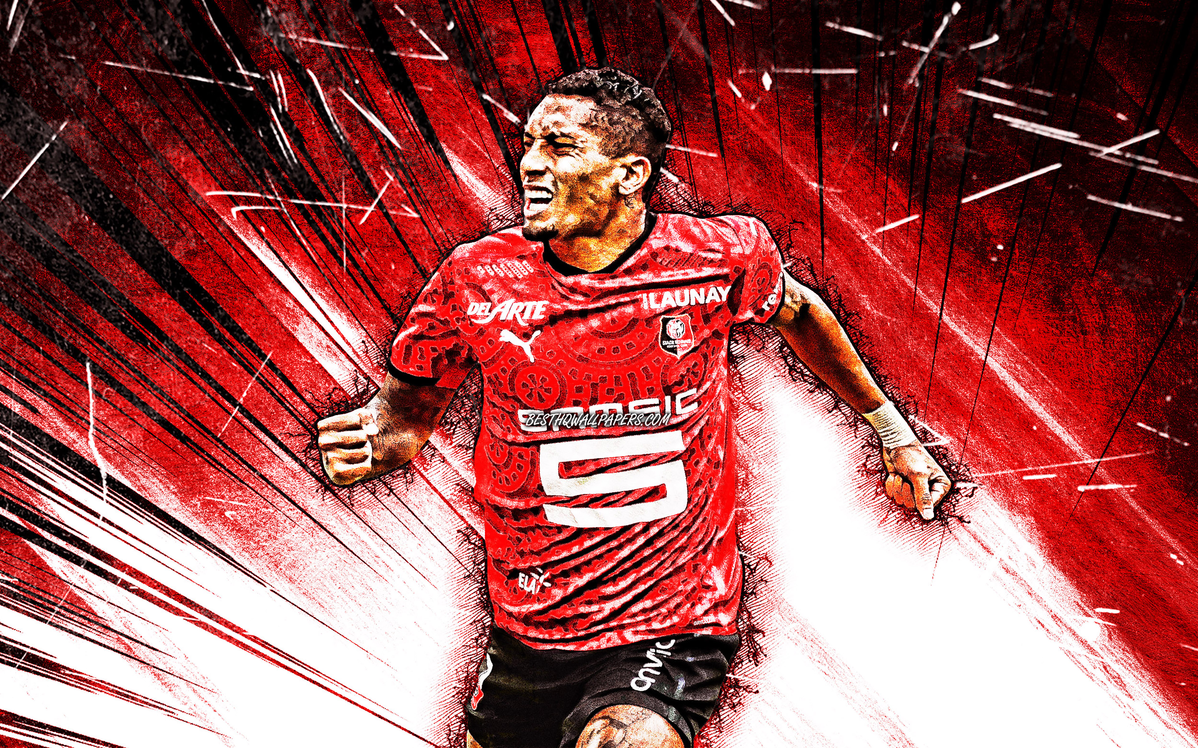 Download wallpaper 4k, Raphinha, grunge art, Stade Rennais FC, soccer, french footballers, Ligue 1, Raphael Dias Belloli, football, red abstract rays, Raphinha 4K for desktop with resolution 3840x2400. High Quality HD picture