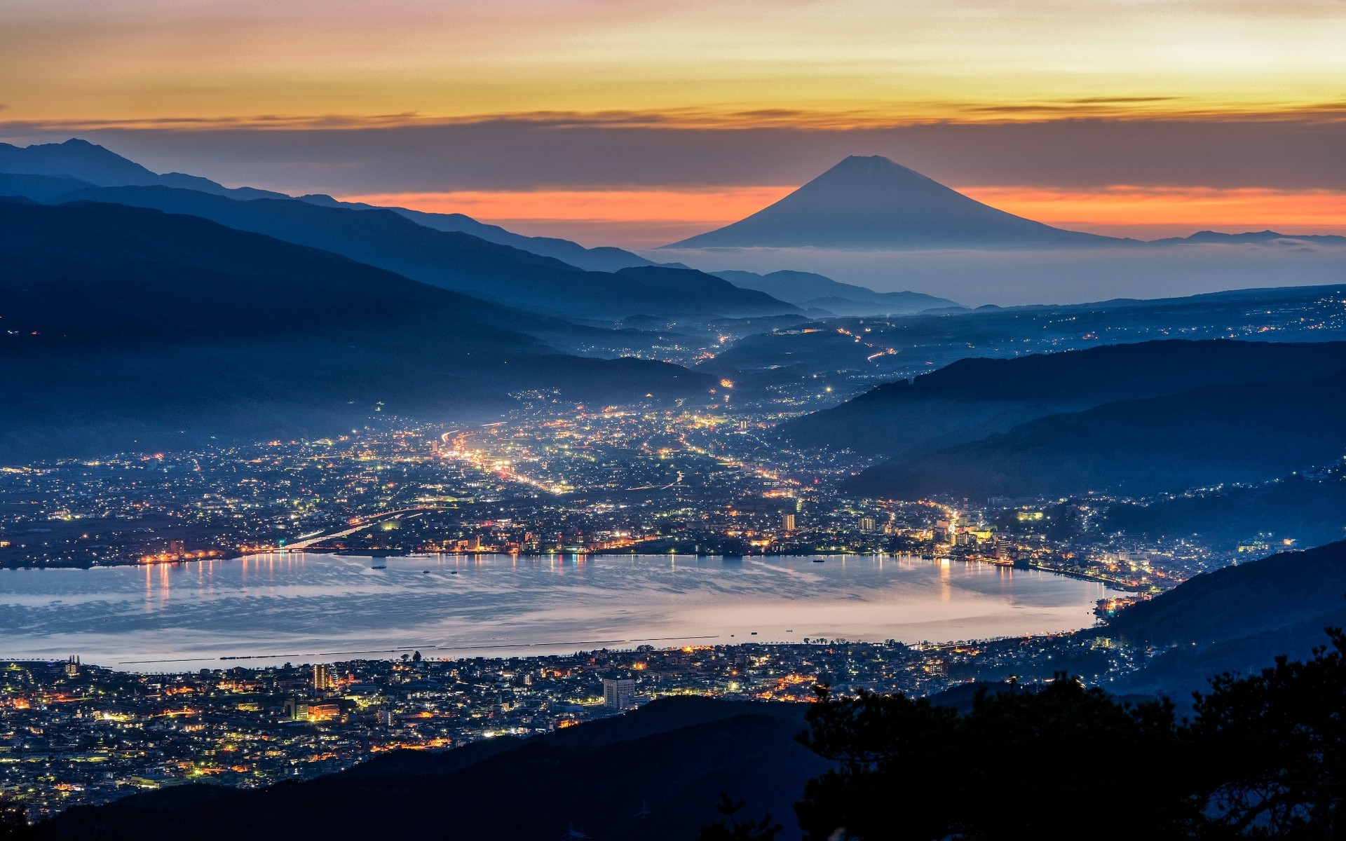 Wallpaper, Japan, landscape, lights, sunset, sea, city, Mount Fuji, cityscape, hill, lake, nature, reflection, sky, winter, clouds, sunrise, calm, ports, skyline, evening, morning, mist, river, horizon, atmosphere, fjord, valley, dusk, mount