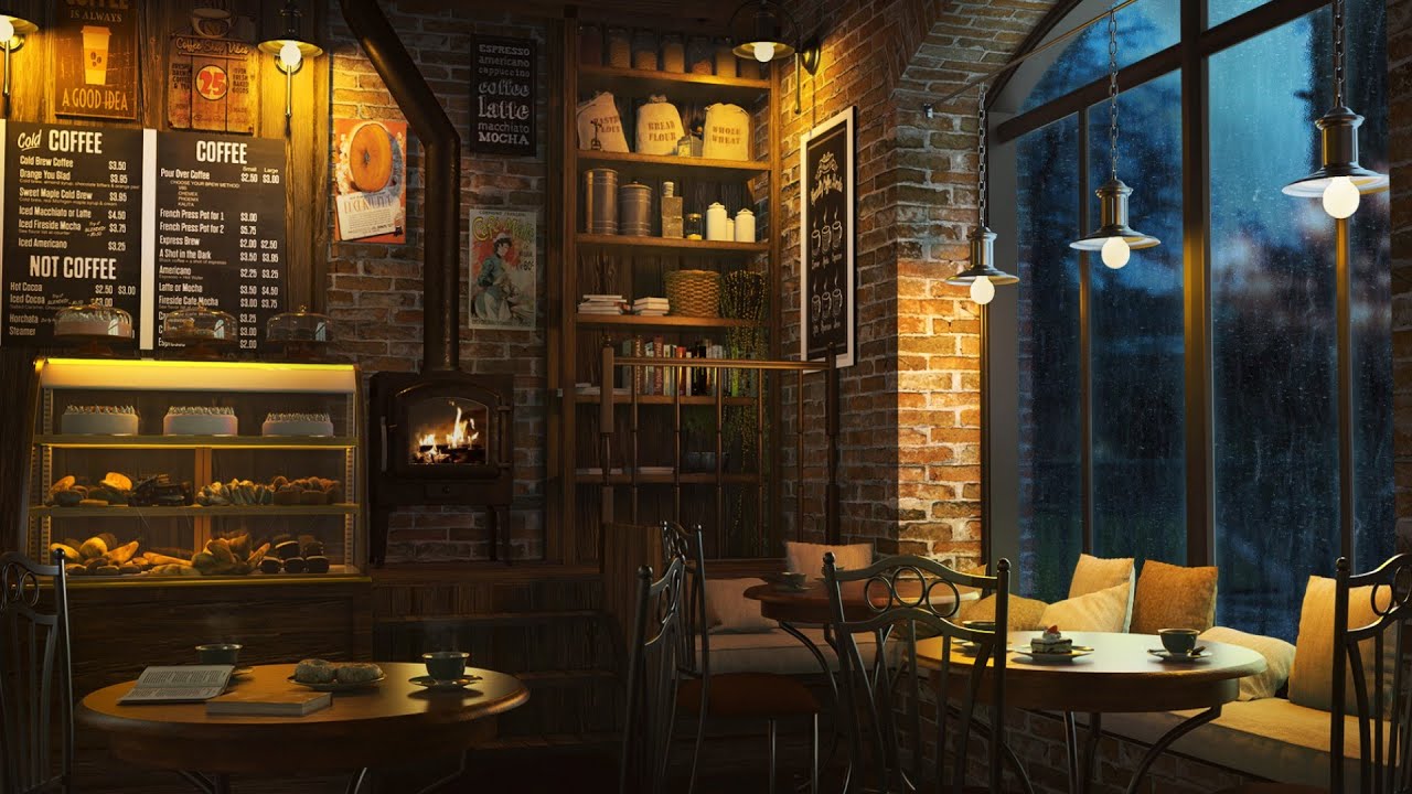 Cozy Coffee Shop Ambience with Relaxing Jazz Music, Rain Sounds and Crackling Fireplace