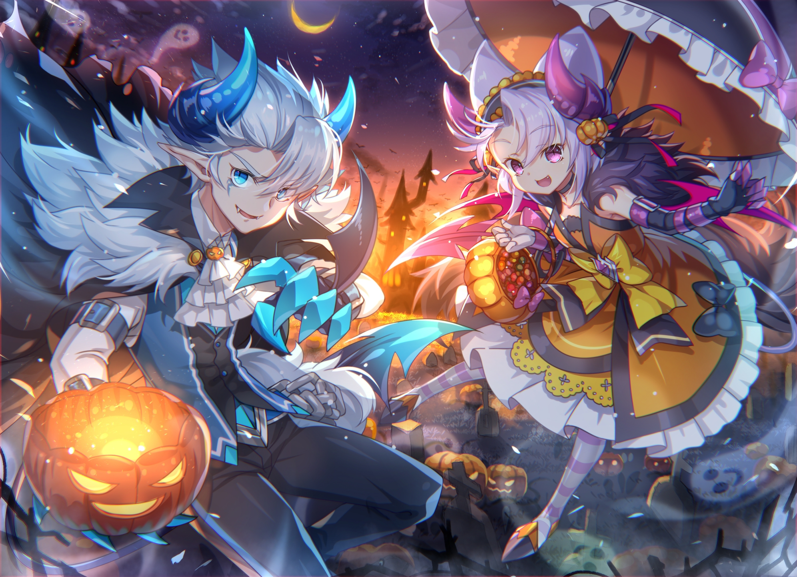 Wallpaper Lolita, Halloween, Anime Girl And Boy, Animal Ears, Pumpkin, Horns:2761x2000