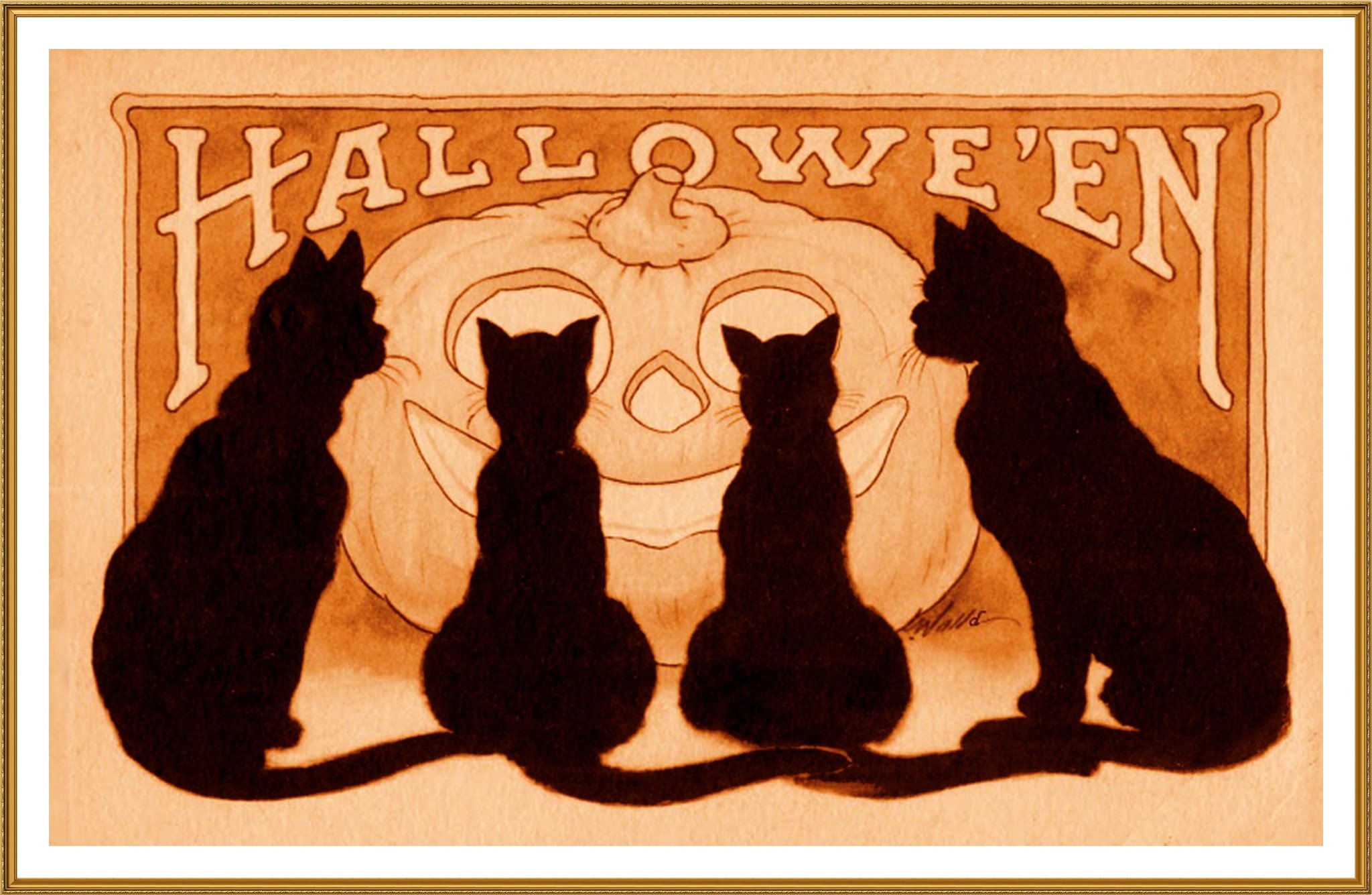 Vintage Halloween Black Cats and a Carved Counted Cross Stitch Pattern. Orenco Originals LLC