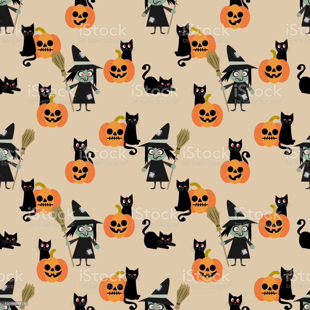 Halloween Witch And Black Cat Seamless Pattern Stock Illustration Image Now