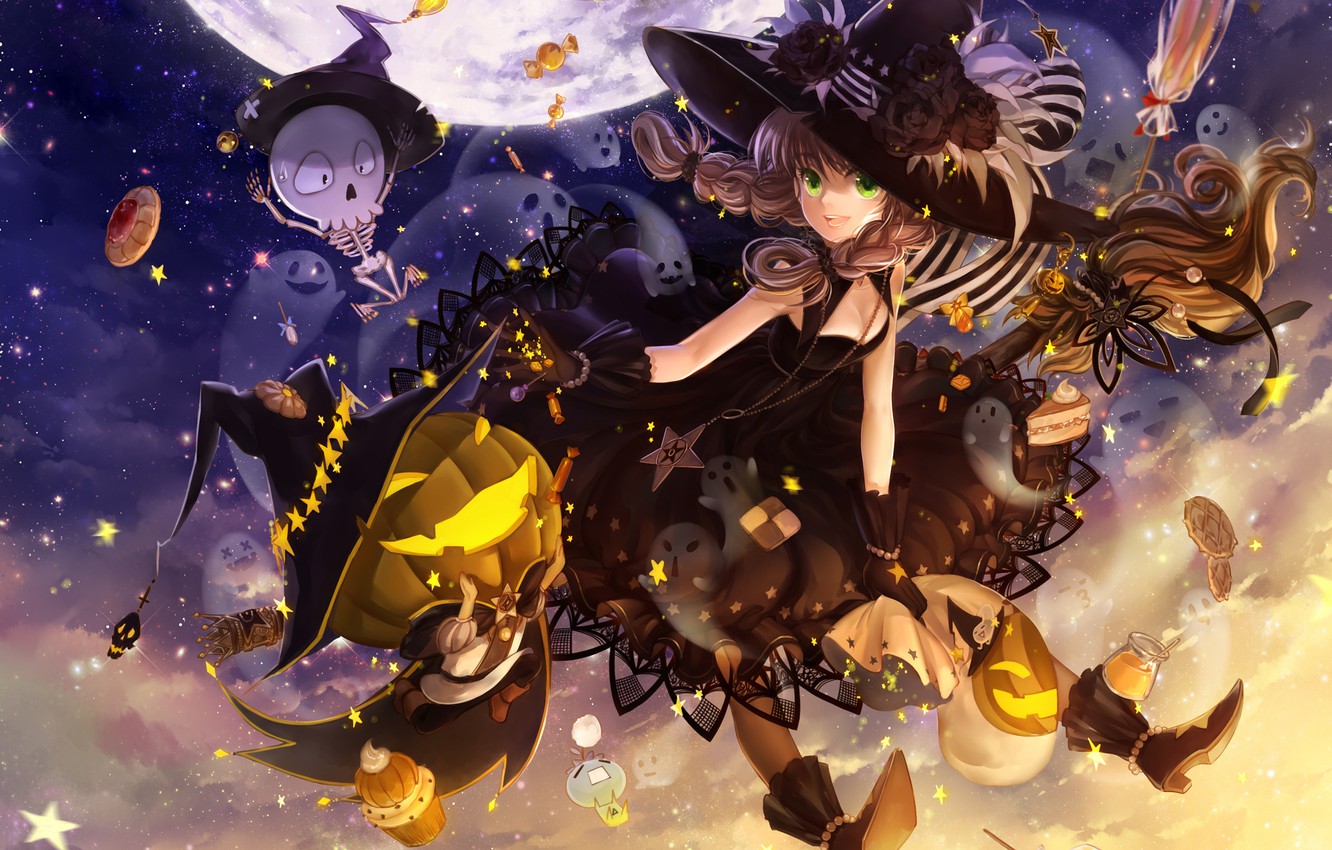 Wallpaper the sky, night, holiday, the moon, hat, anime, art, candy, skeleton, girl, pumpkin, witch, broom, halloween, huazha01 image for desktop, section сёдзё