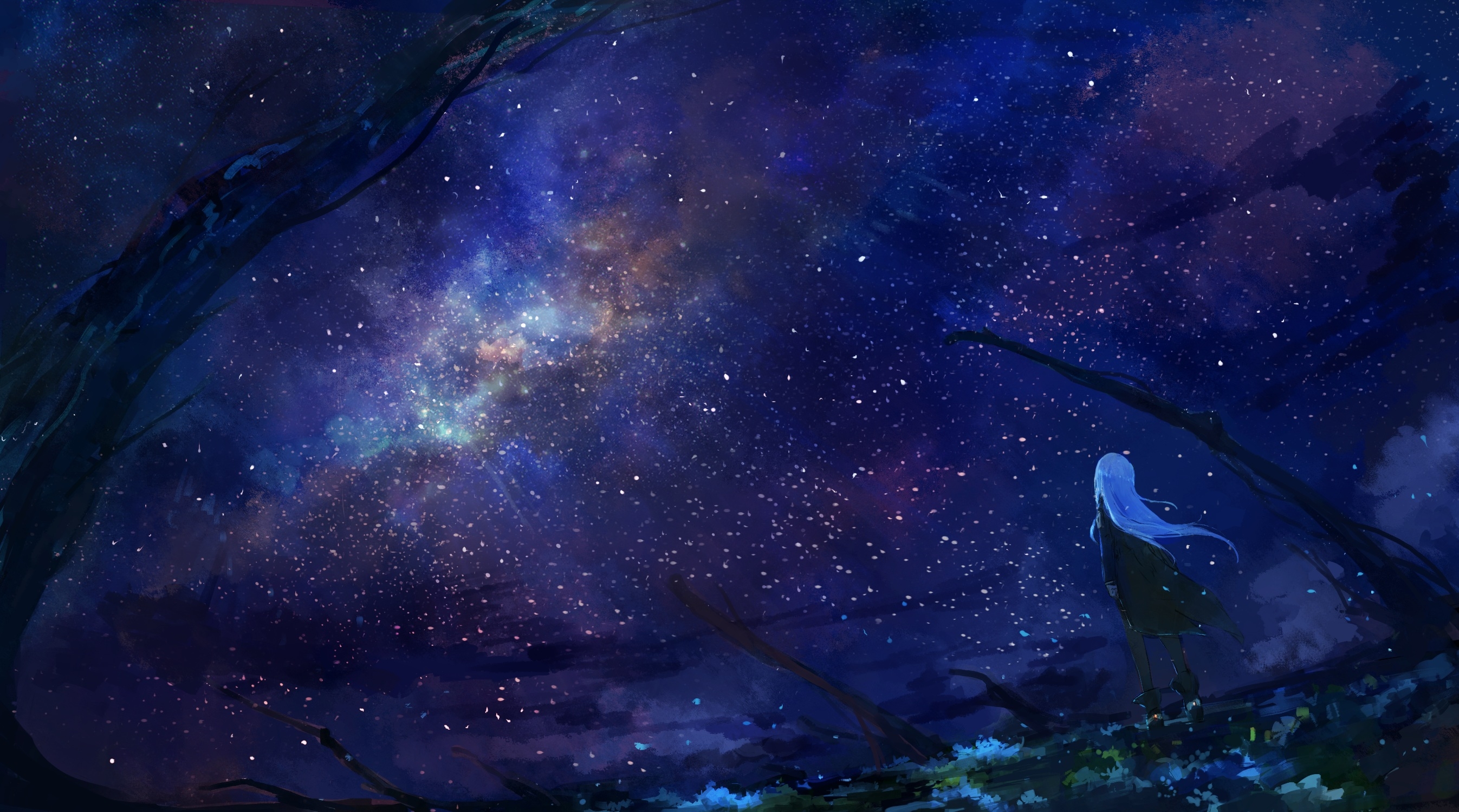 Download 2693x1500 Anime Starry Sky, Anime Girl, Back View, Night, Scenic, Boots Wallpaper