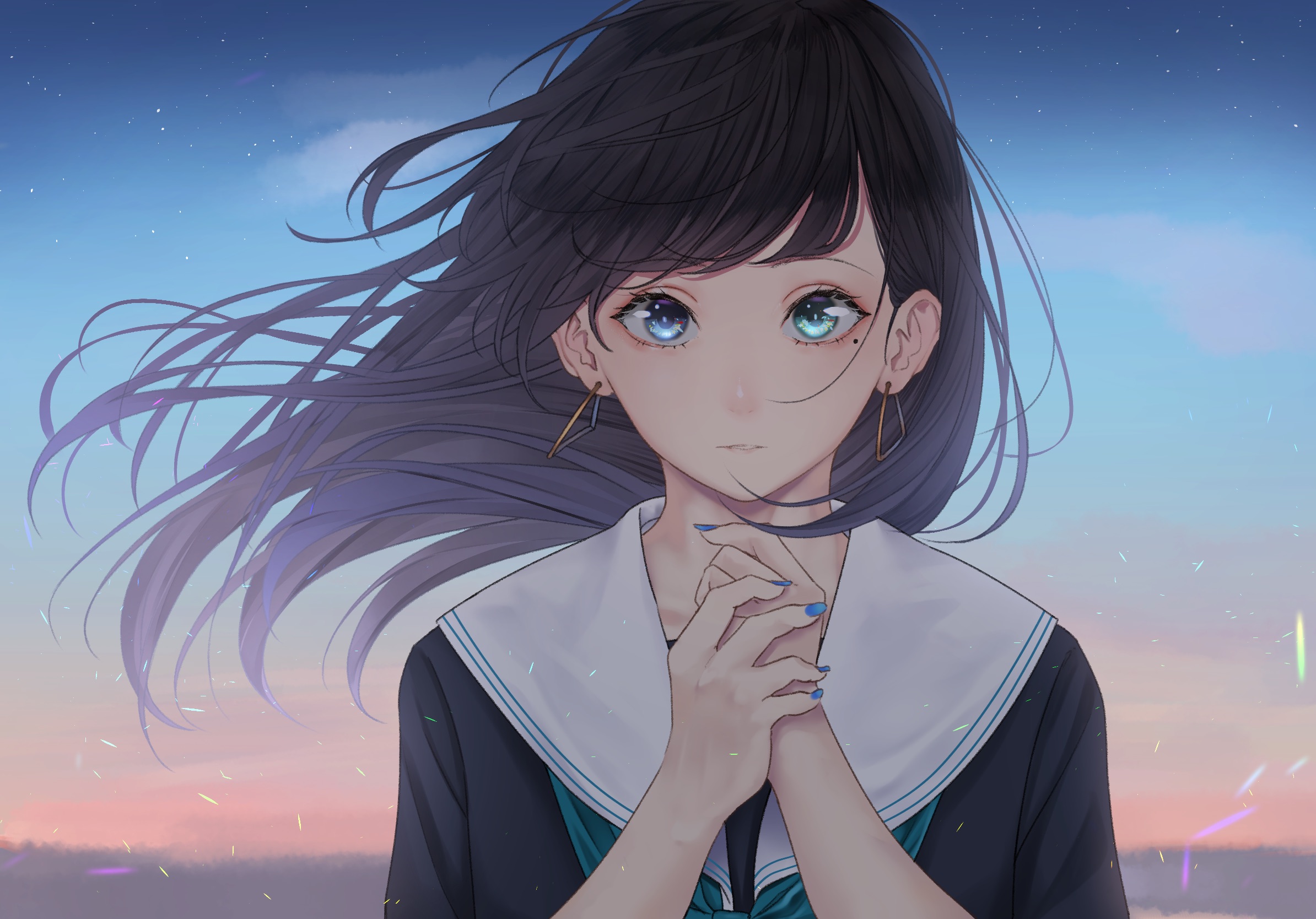 Girl Black Hair Uniform Blue Eyes Wallpaper:2388x1668