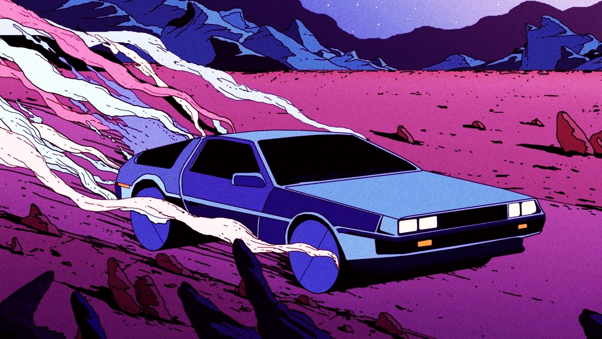 mountains, DeLorean, desert, retrowave, Retro style, blue, pink, car. Mocah HD Wallpaper