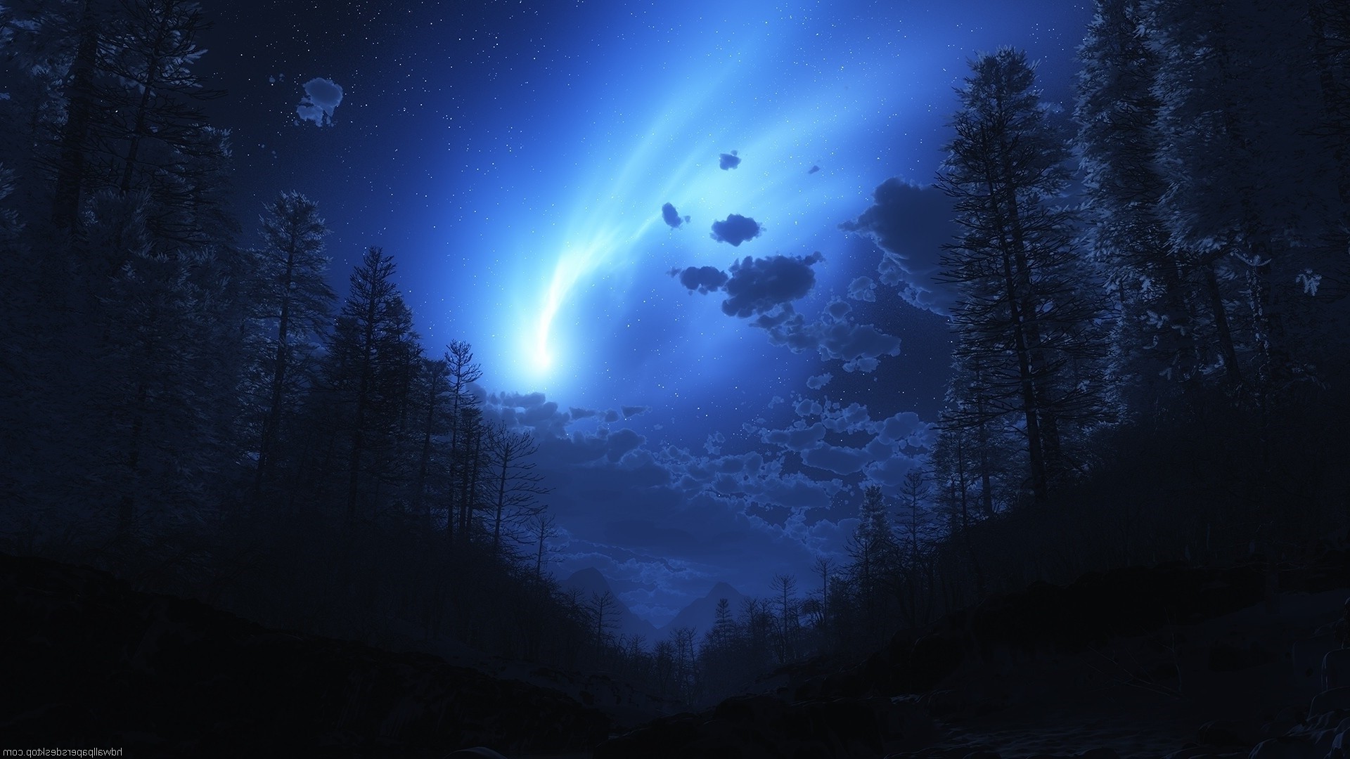 1920x1080 landscape anime digital art forest trees stars starry night night sky wallpaper JPG 353 kB