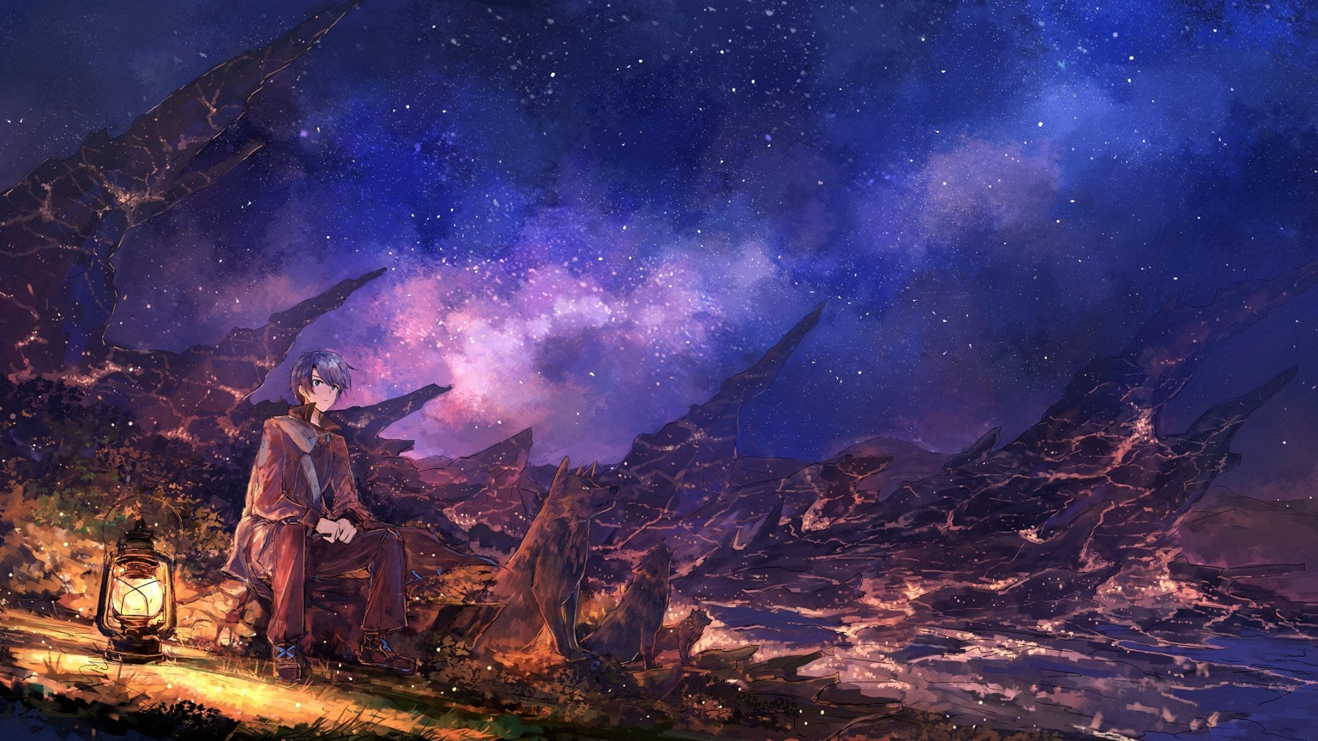Download 1920x1080 Anime Starry Sky, Night, Anime Boy, Dogs, Lantern Wallpaper for Widescreen