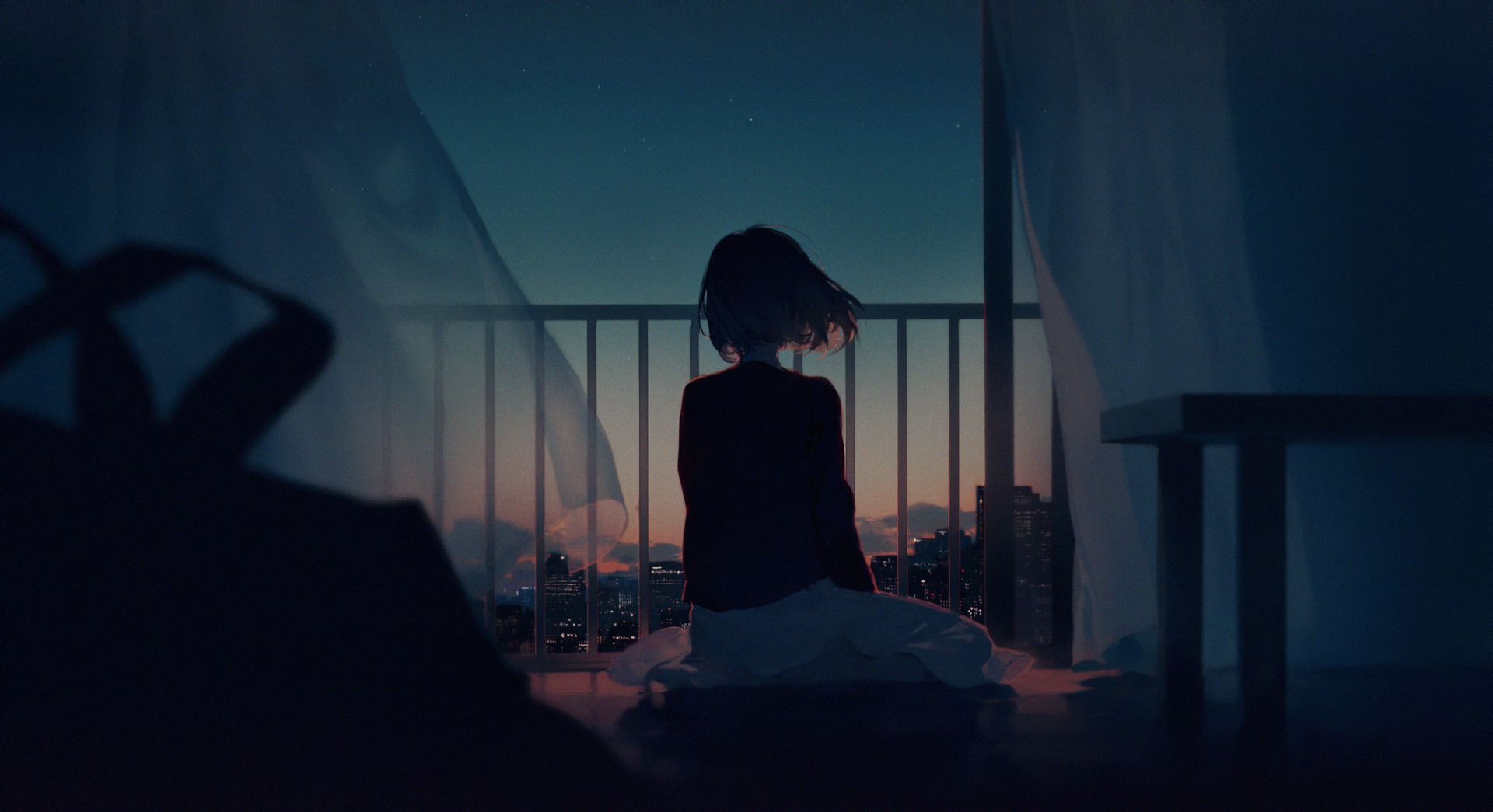 The girl is sitting alone by the balcony live wallpaper [DOWNLOAD FREE]