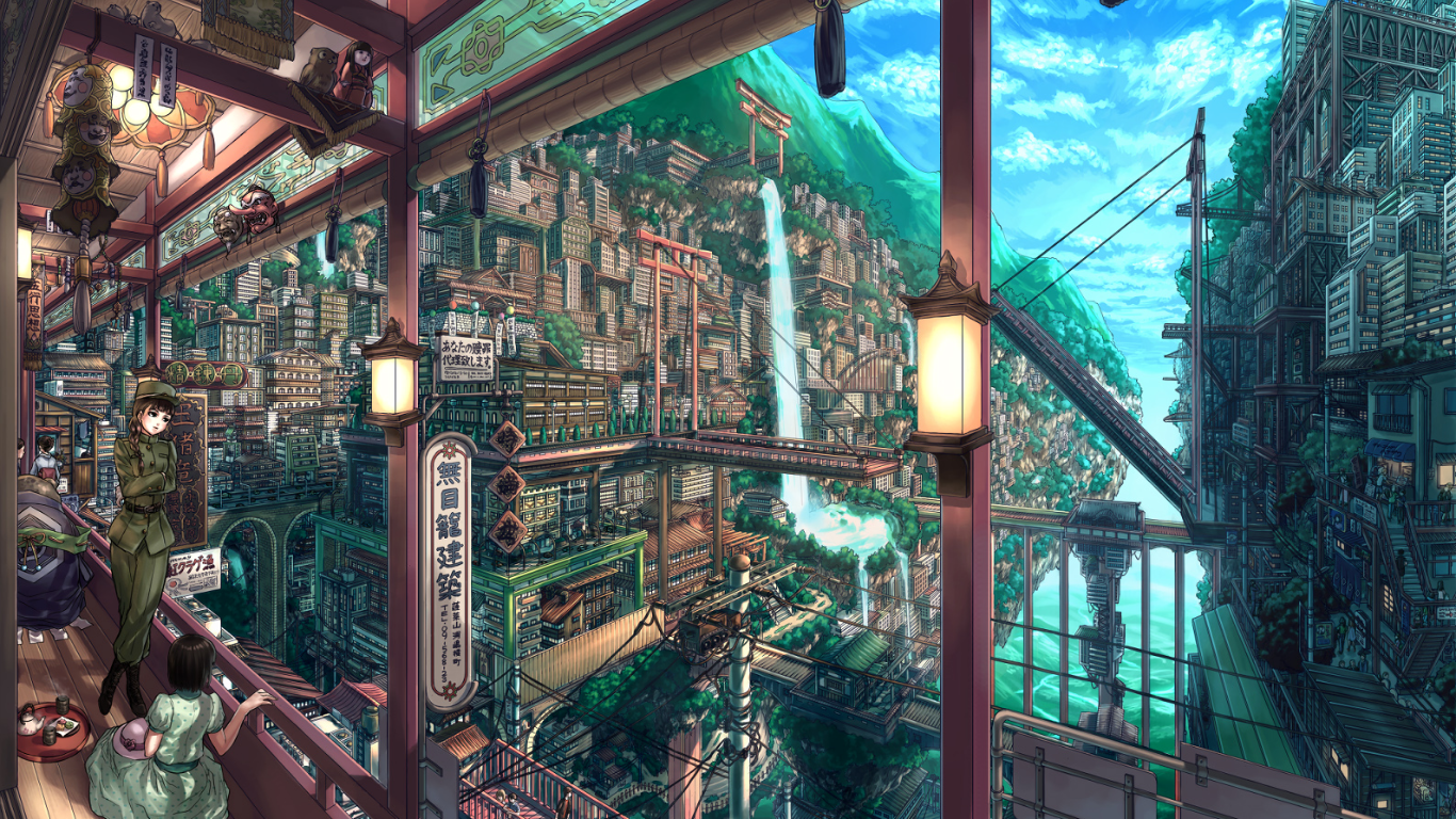 Wallpaper, balcony, waterfall, anime girls, cityscape 1366x768
