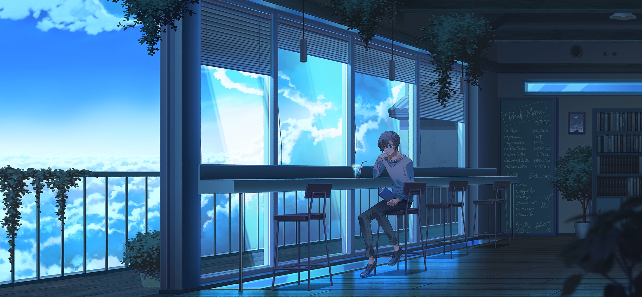 Download 2141x992 Anime Boy, Cafe, Clouds, Balcony Wallpaper