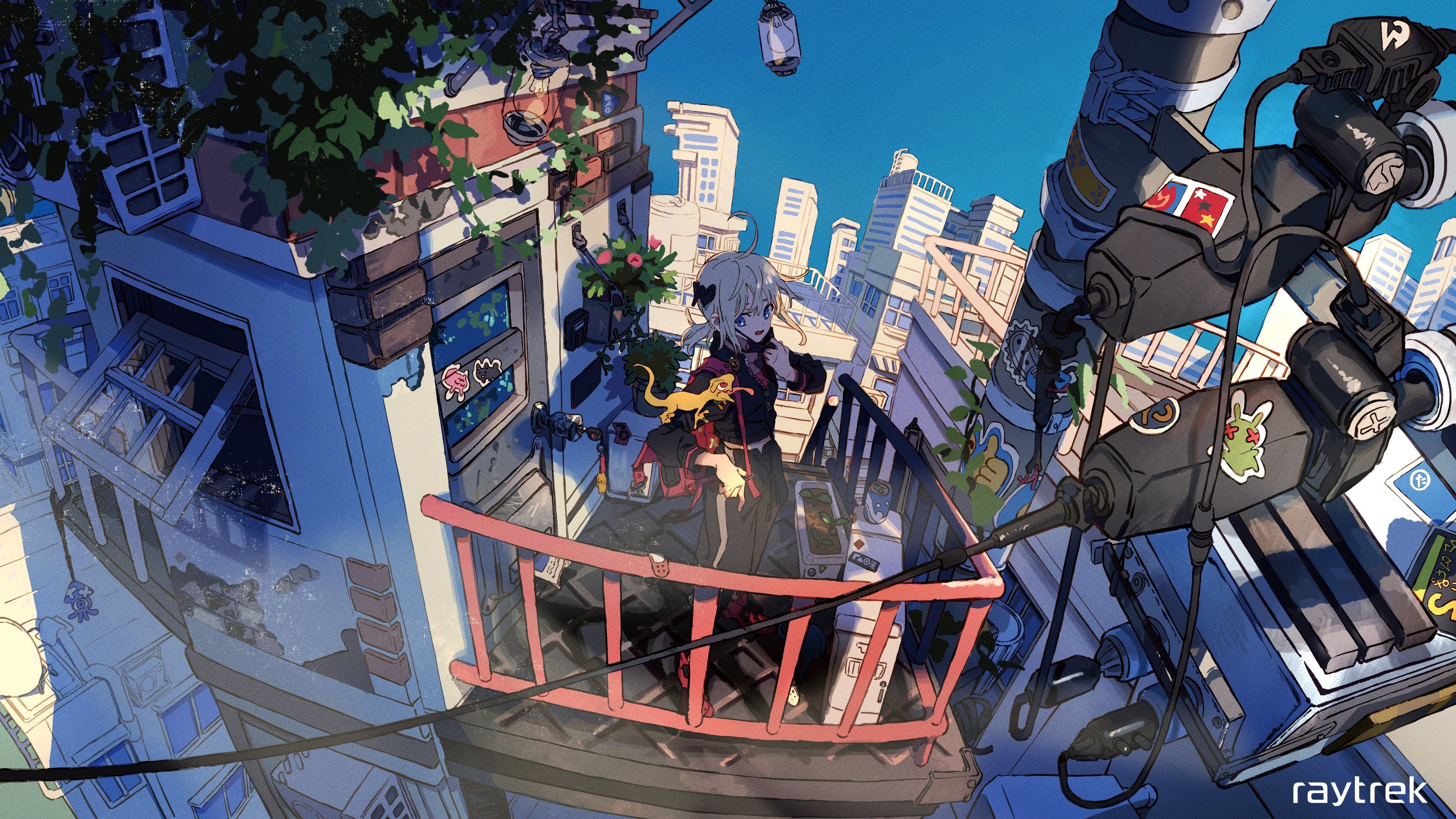 4K, balcony, lizards, anime city, artwork, stickers, original characters, anime girls. Mocah HD Wallpaper