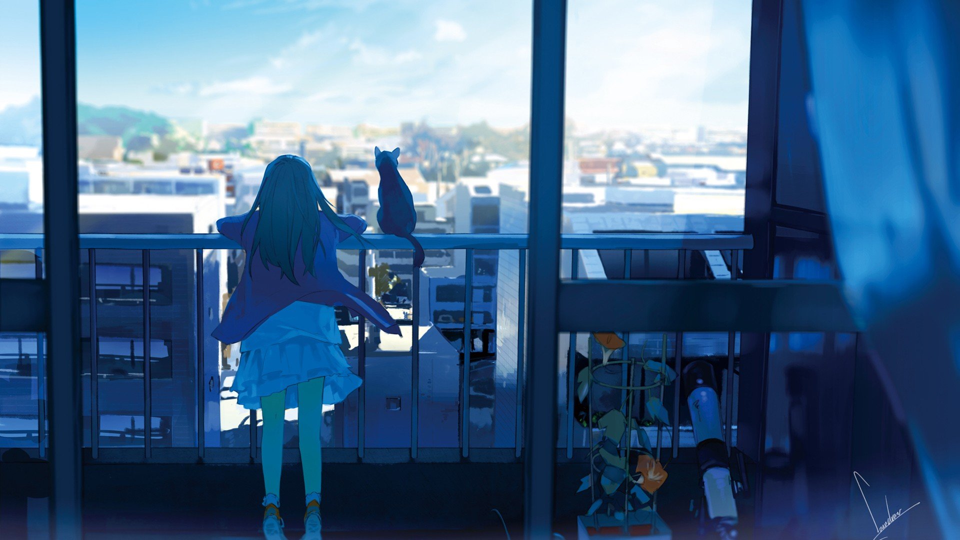 City anime girls original characters cat window balcony sky anime wallpaperx1080