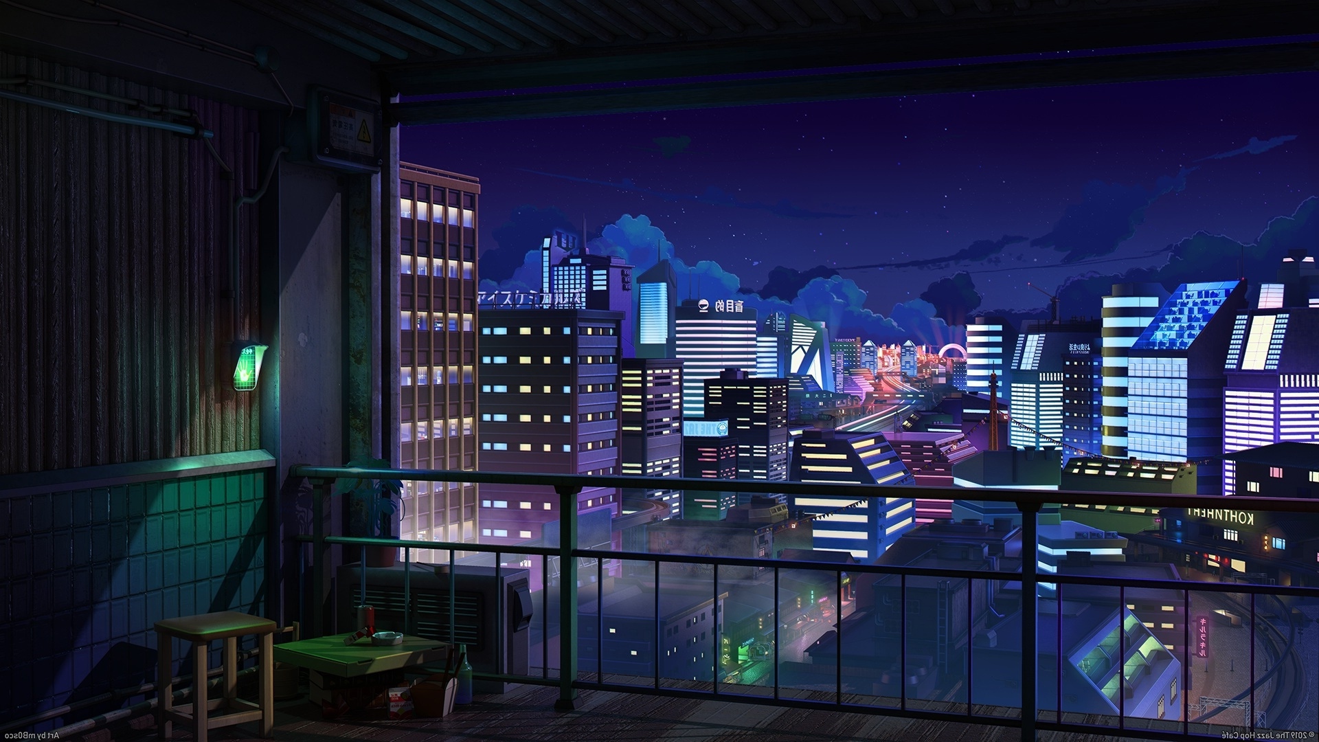Wallpaper Buildings, Anime Cityscape, Scenery, Night, Balcony, Stars:1920x1080