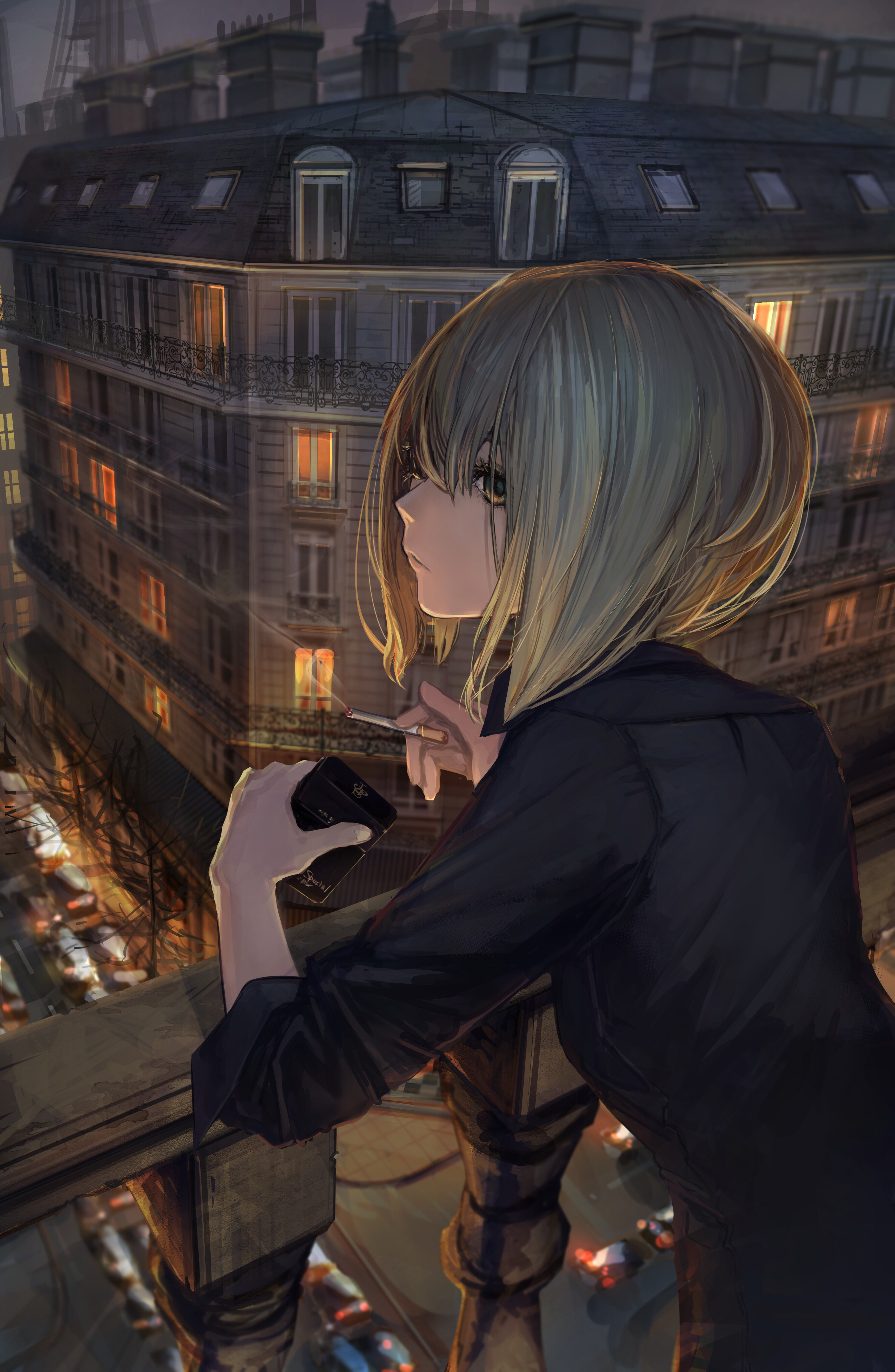 Wallpaper, anime girls, portrait display, original characters, blonde, bangs, straight hair, profile, black shirt, night, city, balcony, building, cigarettes, tomboys, looking away, vertical, artwork, drawing, digital art, illustration, 2D, Pixiv