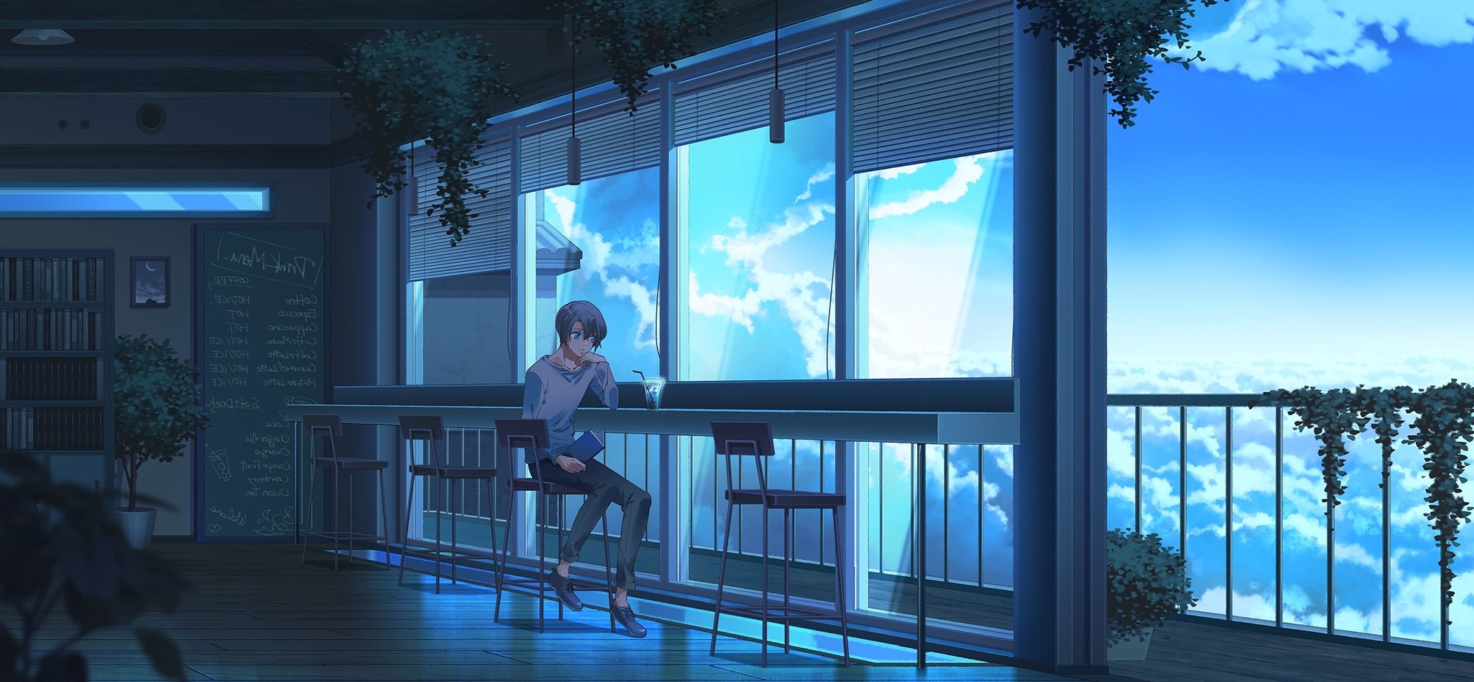 Wallpaper Clouds, Anime Boy, Cafe, Balcony:2141x992